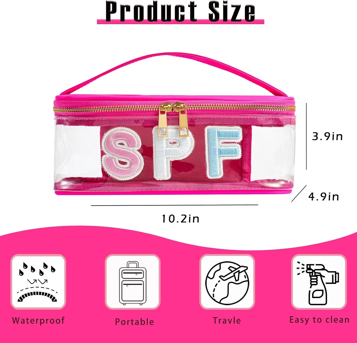 Clear Waterproof Summer SPF Makeup Bag，Aesthetic Transparent Letter Patch Cosmetic Bag with Metal Zipper, Preppy Sunscreen Accessories Storage Organization , Beach Travel Purse(03SPF Hot Pink)
