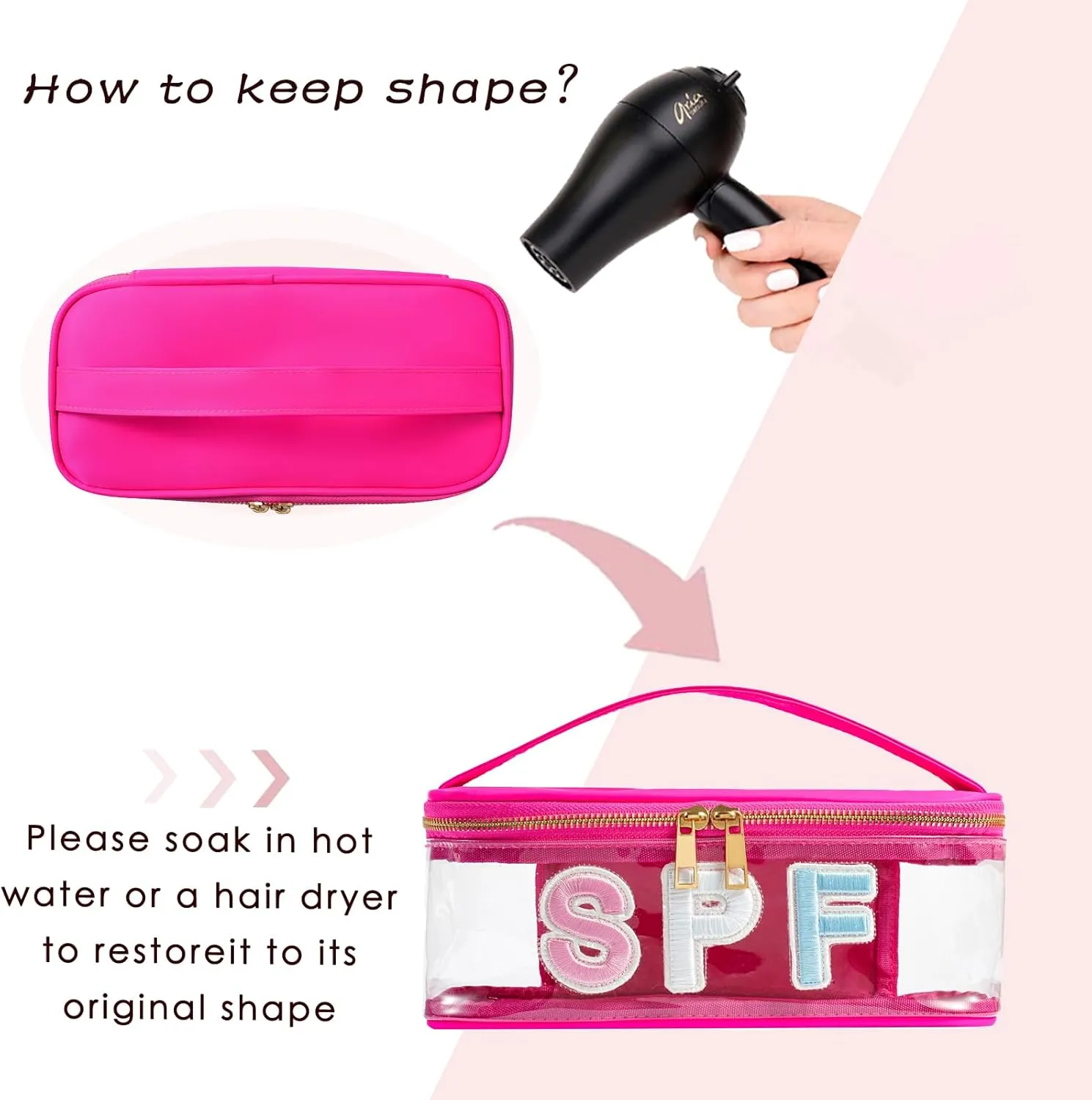 Clear Waterproof Summer SPF Makeup Bag，Aesthetic Transparent Letter Patch Cosmetic Bag with Metal Zipper, Preppy Sunscreen Accessories Storage Organization , Beach Travel Purse(03SPF Hot Pink)