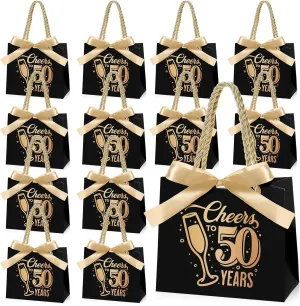 Clysee 25 Pcs 50th Birthday Gift Bags with Handles Black and Gold Party Favor Bags Bulk for Birthday Wedding Anniversary Supplies Decorations Cheers to 50 Years, 5.51 x 2.36 x 4.72 Inches