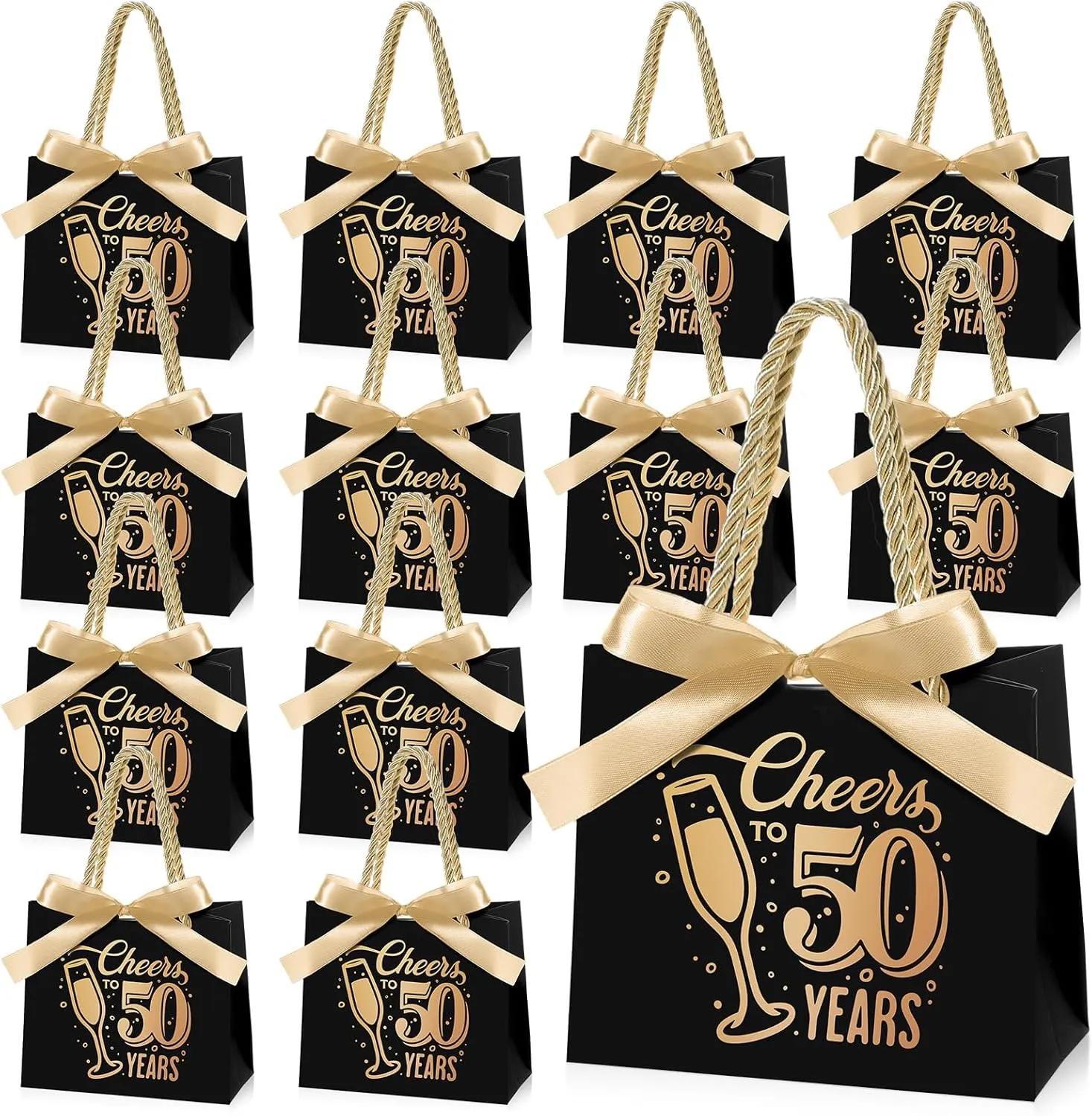 Clysee 25 Pcs 50th Birthday Gift Bags with Handles Black and Gold Party Favor Bags Bulk for Birthday Wedding Anniversary Supplies Decorations Cheers to 50 Years, 5.51 x 2.36 x 4.72 Inches