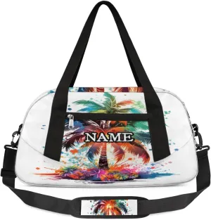 Colorful Coconut Tree Stars Graffiti Personalized Kids Duffel Bag Custom Gym Sports Duffle Bag Teen Travel Gymnastic Weekender Overnighter Bag Carry on Toe Bag for Boys & Girls