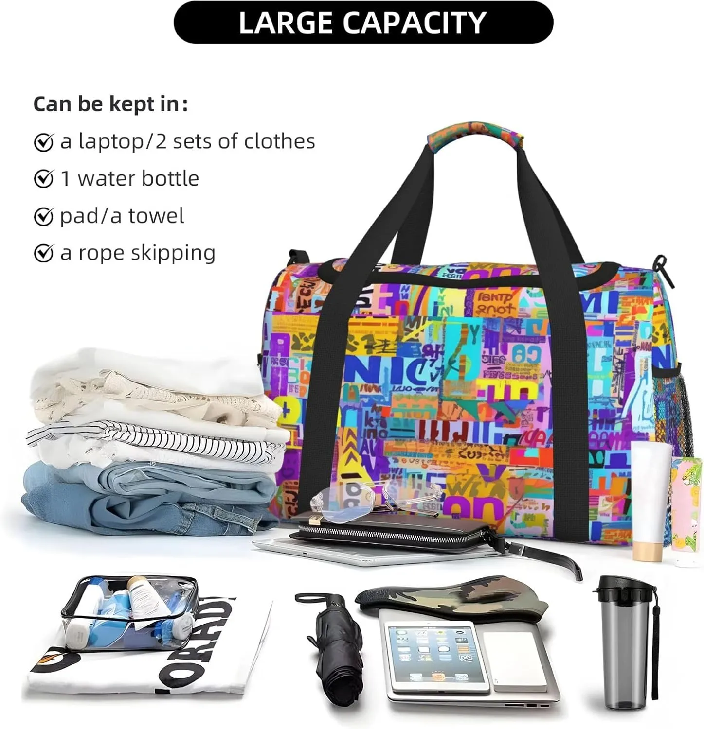 Colorful Graffiti Duffle Bag Foldable Travel Tote Bag Carry On Large Weekender Overnight Bags Waterproof Gym Bag For Women Men
