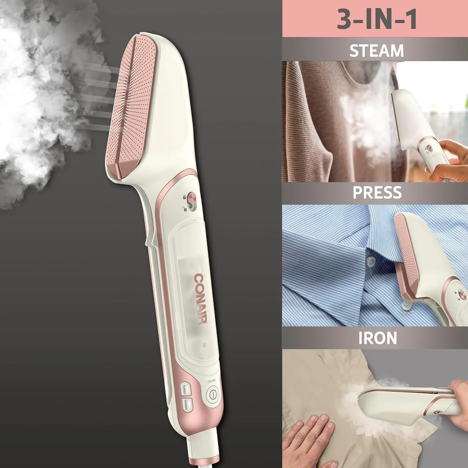 Conair Steam Stylist | Press Iron & Steamer - Great for Home, Office, or Travel | 3-in-1 Steam Iron for Quick Wrinkle Removal | Dry Cleaner-Quality Creasing and Pressing Made Easy