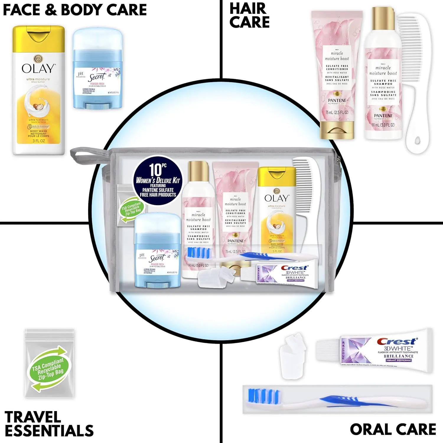 Convenience Kits International Women’s Deluxe Kit 10 PC Kit Featuring: Sulfate Free Hair, Face & Body, Oral Care, Travel-Size Travel Essentials