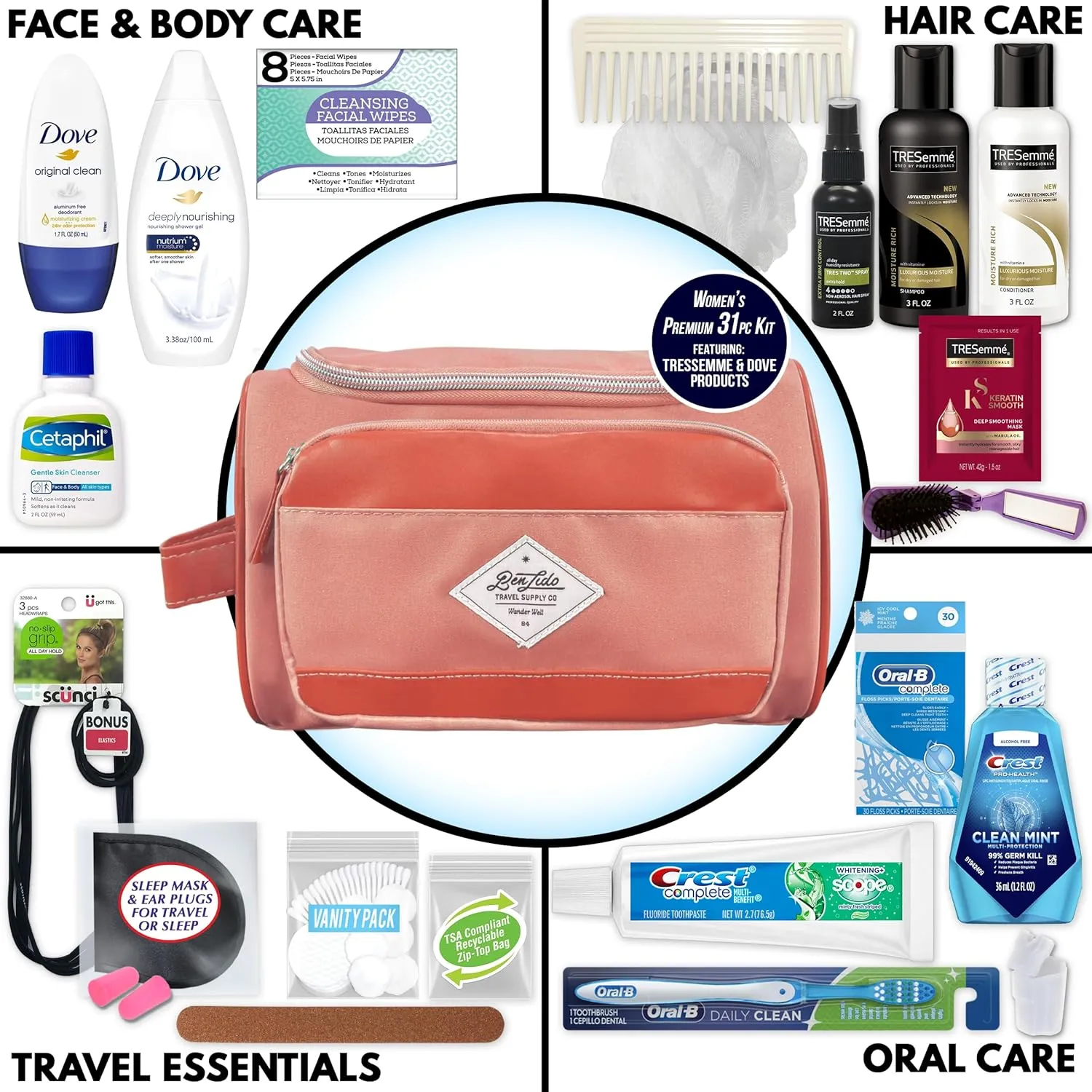 Convenience Kits International Women’s Super Premium 31 pc Travel Kit Featuring: Ensemble of Travel-Size Personal Care Products, Travel Essentials in Large Toiletry Bag (Coral)