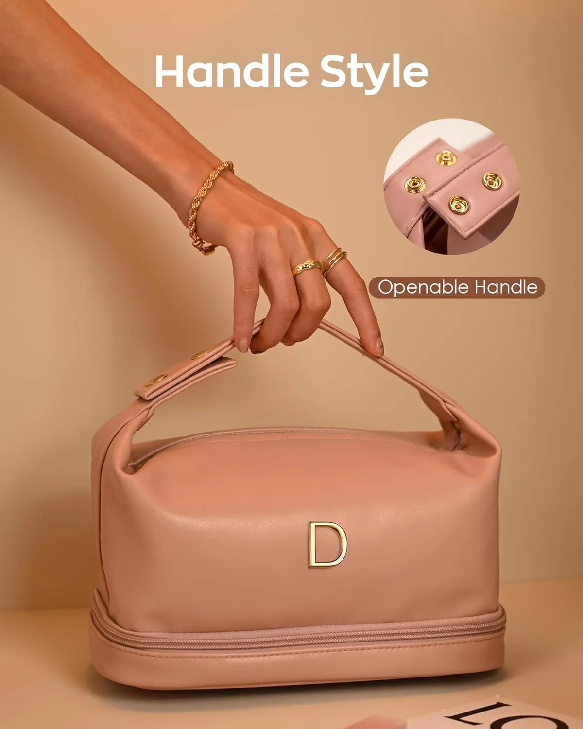 Cool Gifts for College Girl, Initial Makeup Bags with Handle, Waterproof Double Layer Cosmetic Bag, Makeup Bags Letter Travel Toiletry Bag with Makeup Brush Organizer