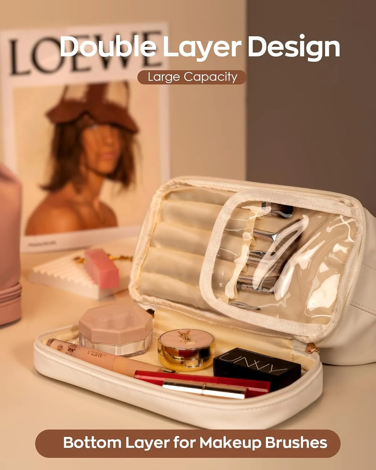 Cool Gifts for College Girl, Initial Makeup Bags with Handle, Waterproof Double Layer Cosmetic Bag, Makeup Bags Letter Travel Toiletry Bag with Makeup Brush Organizer