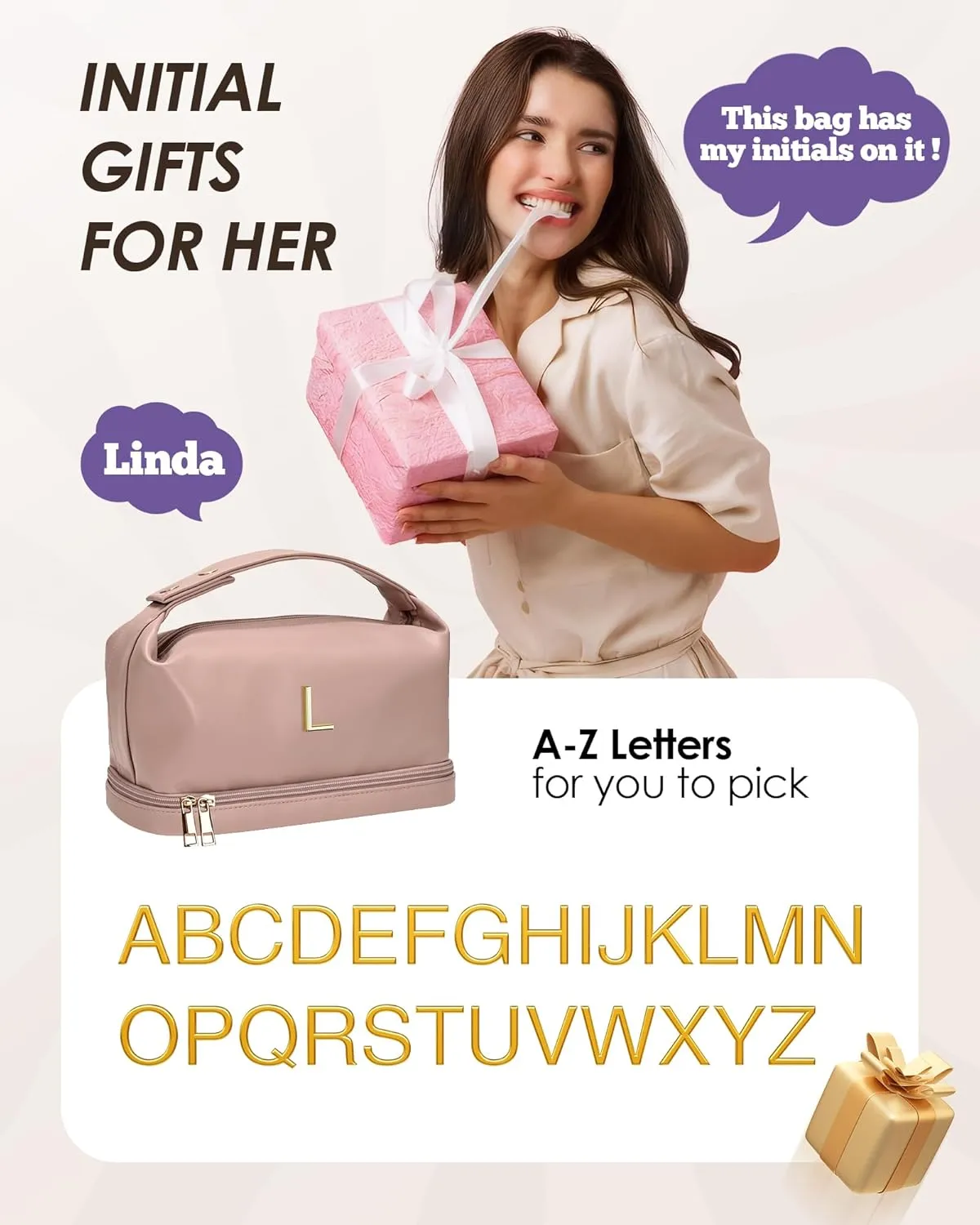 Cool Gifts for College Girl, Initial Makeup Bags with Handle, Waterproof Double Layer Cosmetic Bag, Makeup Bags Letter Travel Toiletry Bag with Makeup Brush Organizer