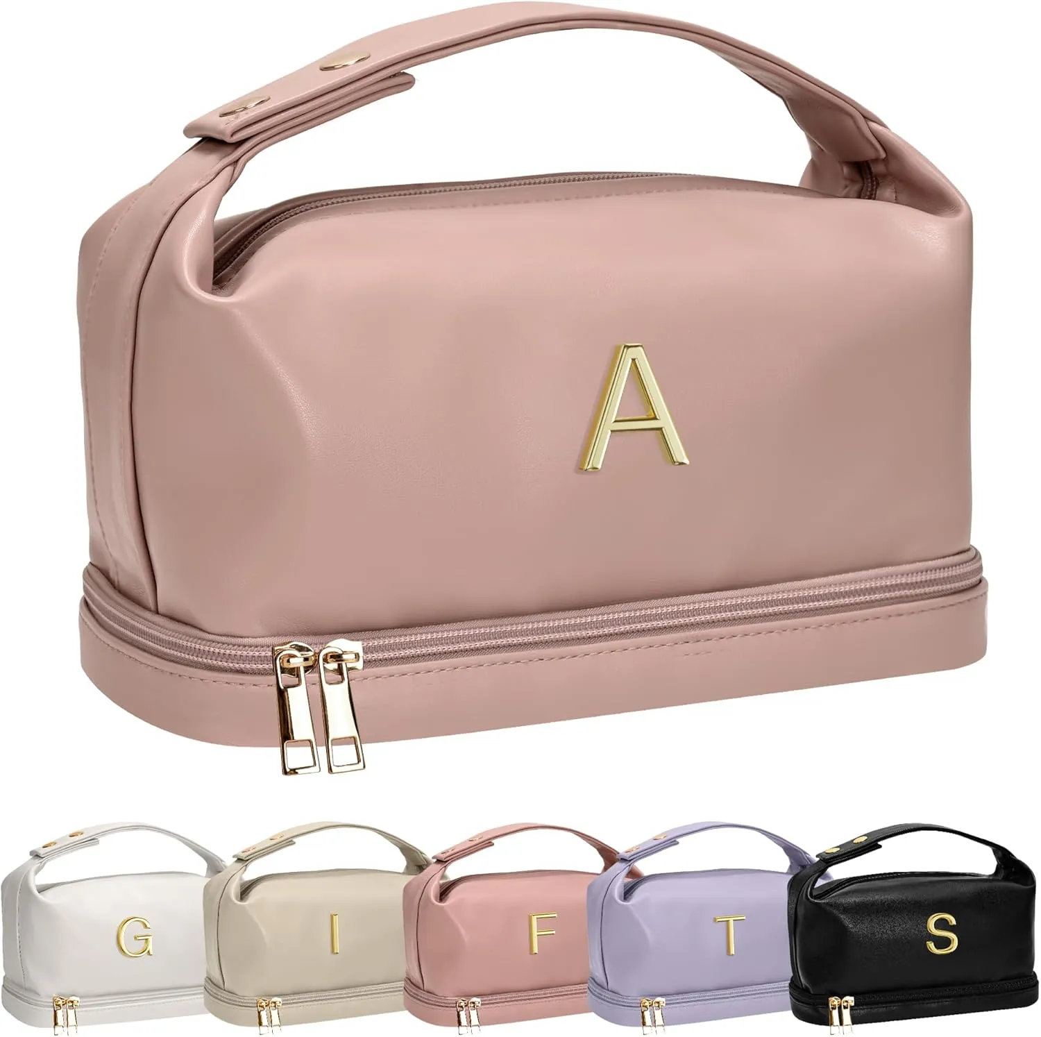 Cool Gifts for College Girl, Initial Makeup Bags with Handle, Waterproof Double Layer Cosmetic Bag, Makeup Bags Letter Travel Toiletry Bag with Makeup Brush Organizer