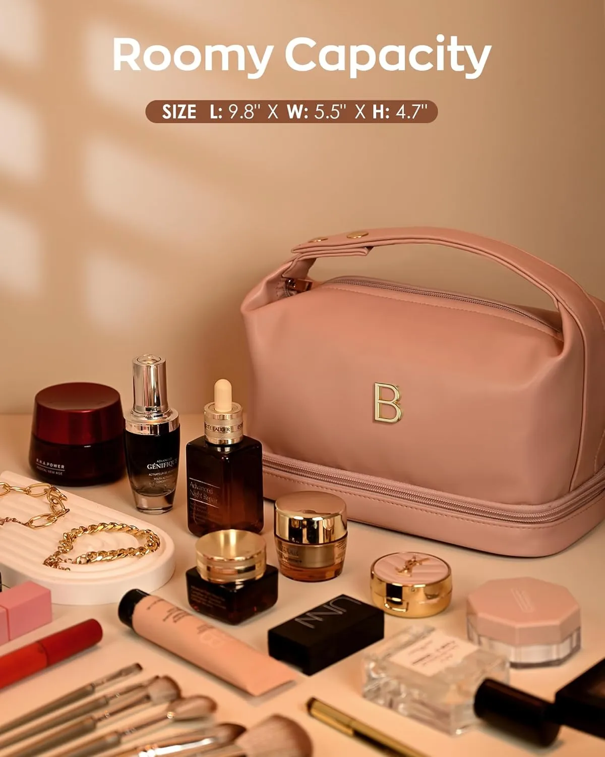 Cool Gifts for College Girl, Initial Makeup Bags with Handle, Waterproof Double Layer Cosmetic Bag, Makeup Bags Letter Travel Toiletry Bag with Makeup Brush Organizer