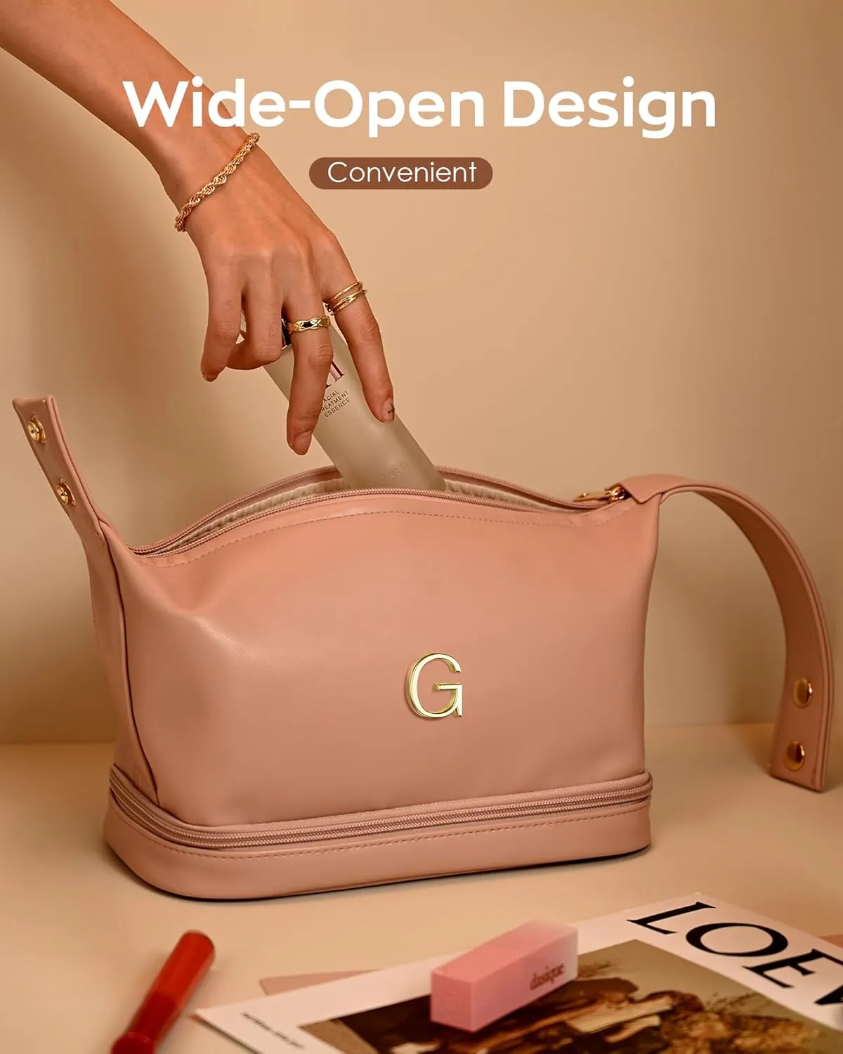 Cool Gifts for College Girl, Initial Makeup Bags with Handle, Waterproof Double Layer Cosmetic Bag, Makeup Bags Letter Travel Toiletry Bag with Makeup Brush Organizer