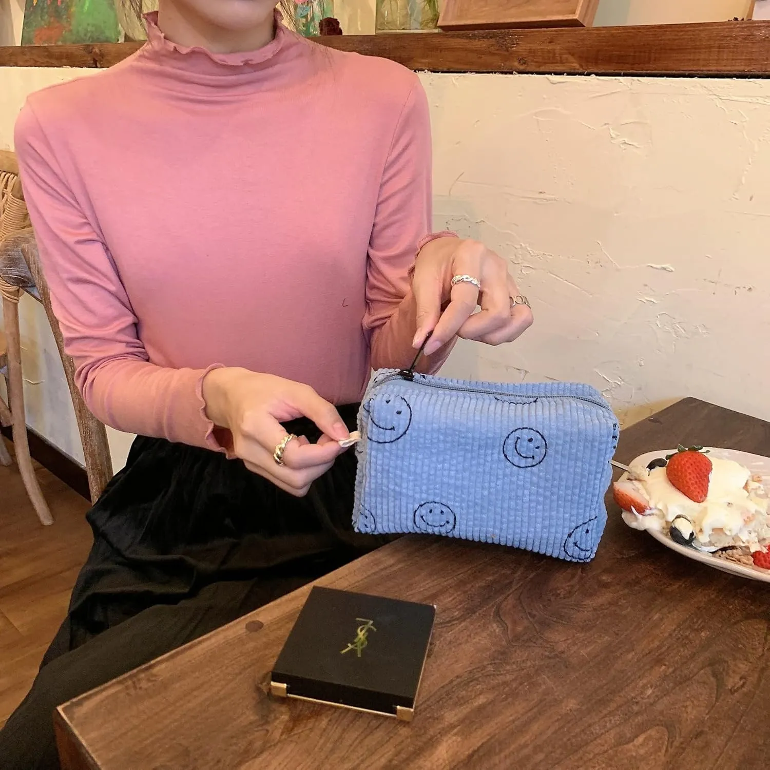 Cosmetic Bags for Women - Corduroy Cosmetic Bag Aesthetic Women Handbags Purses Smile Dots Makeup Organizer Storage Makeup Bag Girls Case Bags (3PCs Blue)