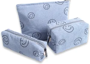 Cosmetic Bags for Women - Corduroy Cosmetic Bag Aesthetic Women Handbags Purses Smile Dots Makeup Organizer Storage Makeup Bag Girls Case Bags (3PCs Blue)