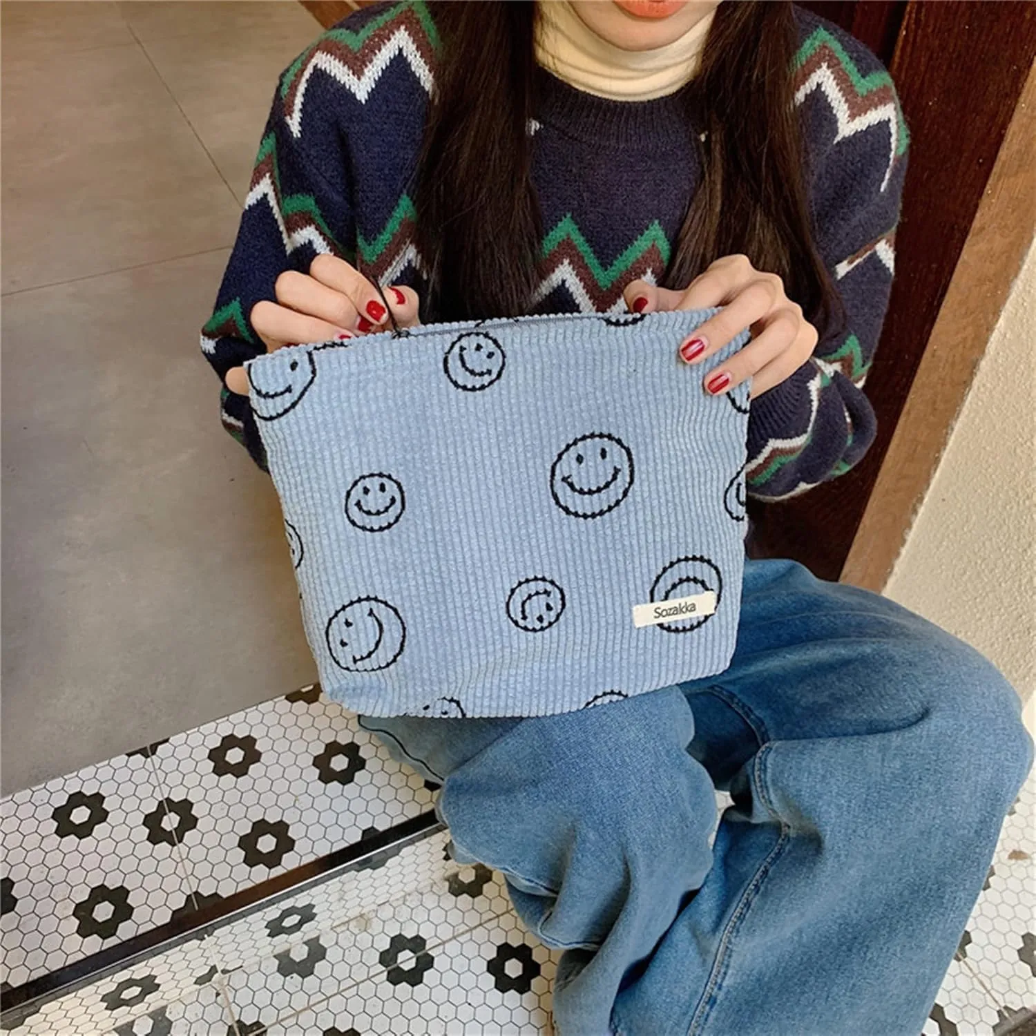 Cosmetic Bags for Women - Corduroy Cosmetic Bag Aesthetic Women Handbags Purses Smile Dots Makeup Organizer Storage Makeup Bag Girls Case Bags (3PCs Blue)