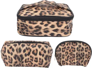 Cosmetic Set, PU Leather Makeup Bags, 3pcs Travel Makeup Pouch with Closure, Water Toiletry for Women, Leopard Print, Lightweight and Portable