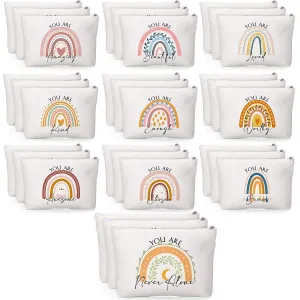 Coume 30 Pcs Mother's Day Gift Bulk Inspirational Canvas Makeup Bag for Women Motivational Cosmetic Bag with Zipper Travel Makeup Pouch for Teacher Nurse Coworker Graduation Birthday Party(Rainbow)