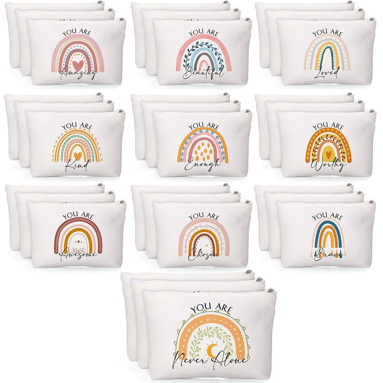 Coume 30 Pcs Mother's Day Gift Bulk Inspirational Canvas Makeup Bag for Women Motivational Cosmetic Bag with Zipper Travel Makeup Pouch for Teacher Nurse Coworker Graduation Birthday Party(Rainbow)
