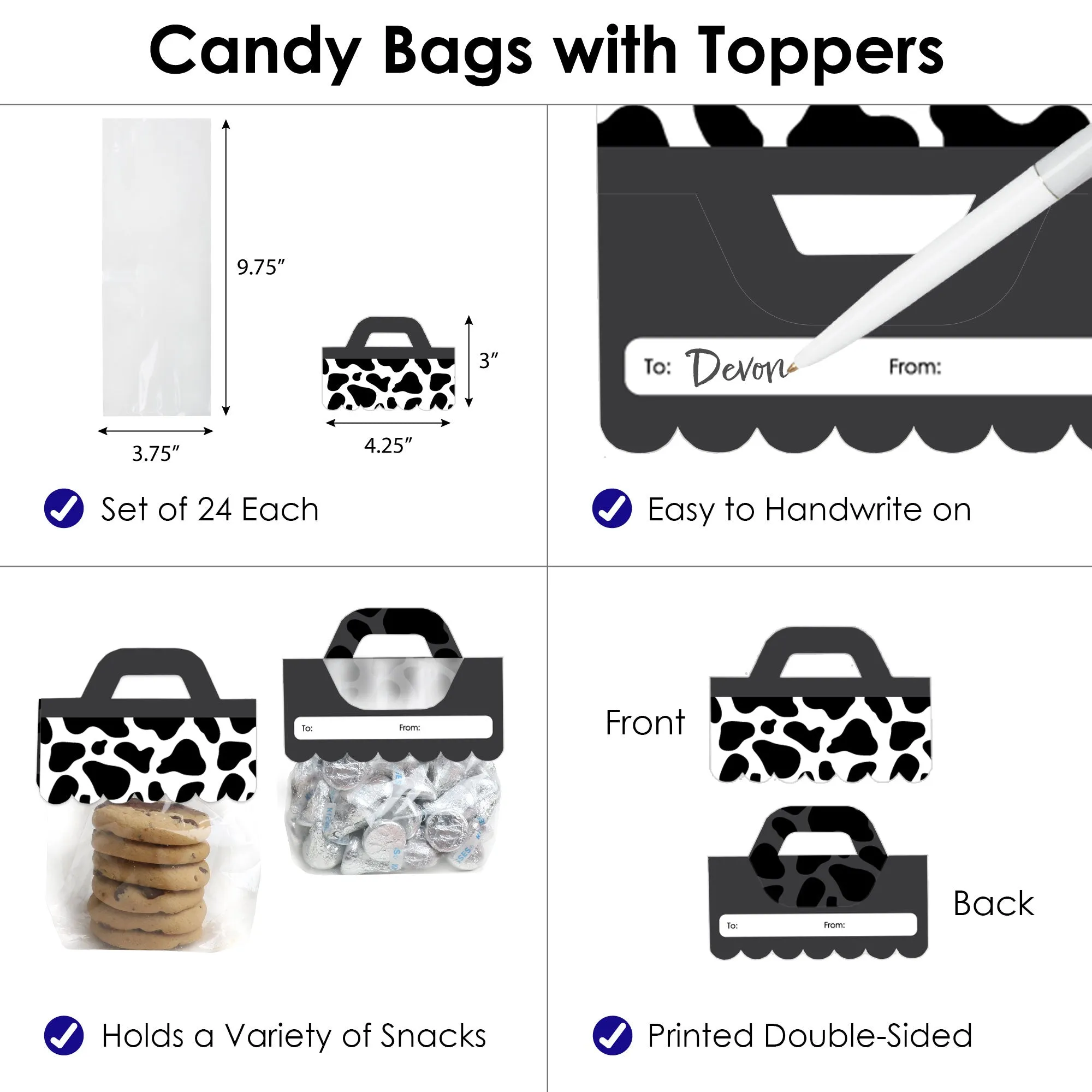 Cow Print - DIY Farm Animal Party Clear Goodie Favor Bag Labels - Candy Bags with Toppers - Set of 24