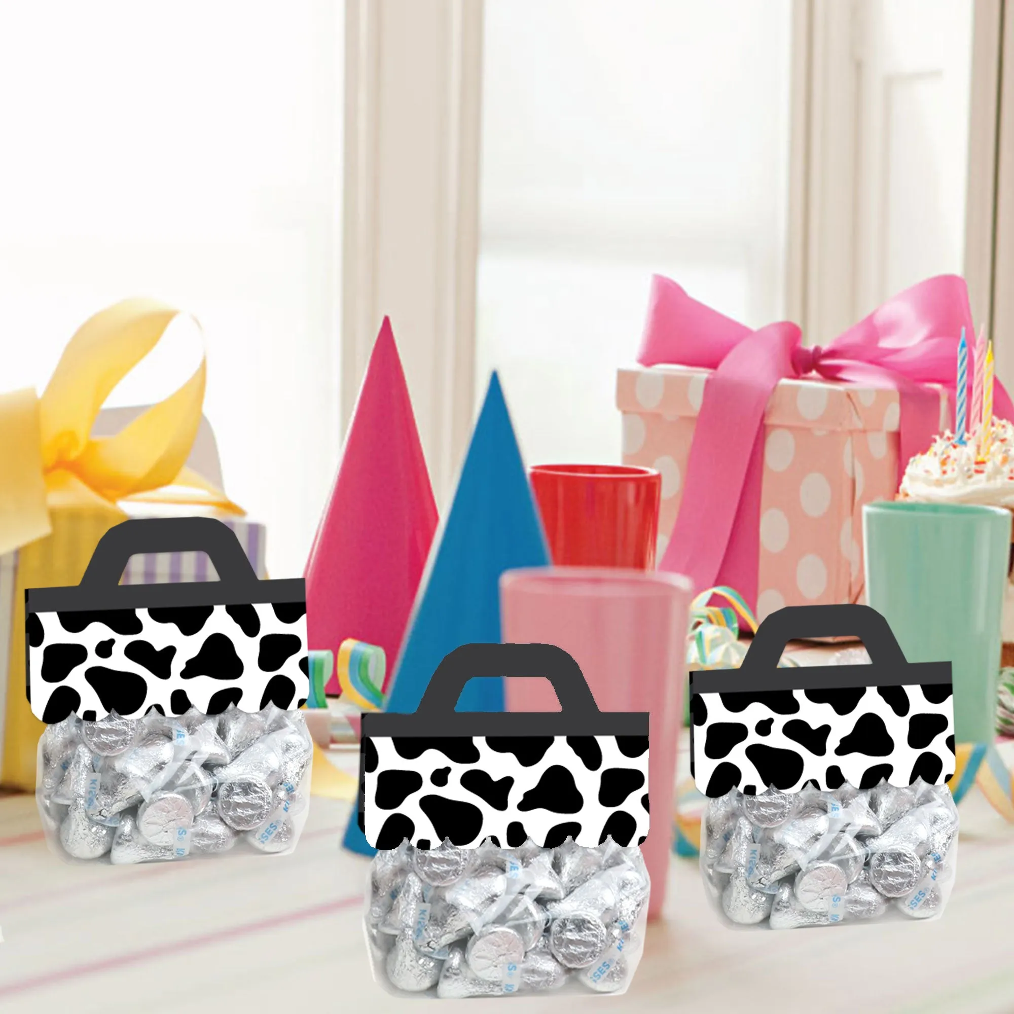 Cow Print - DIY Farm Animal Party Clear Goodie Favor Bag Labels - Candy Bags with Toppers - Set of 24