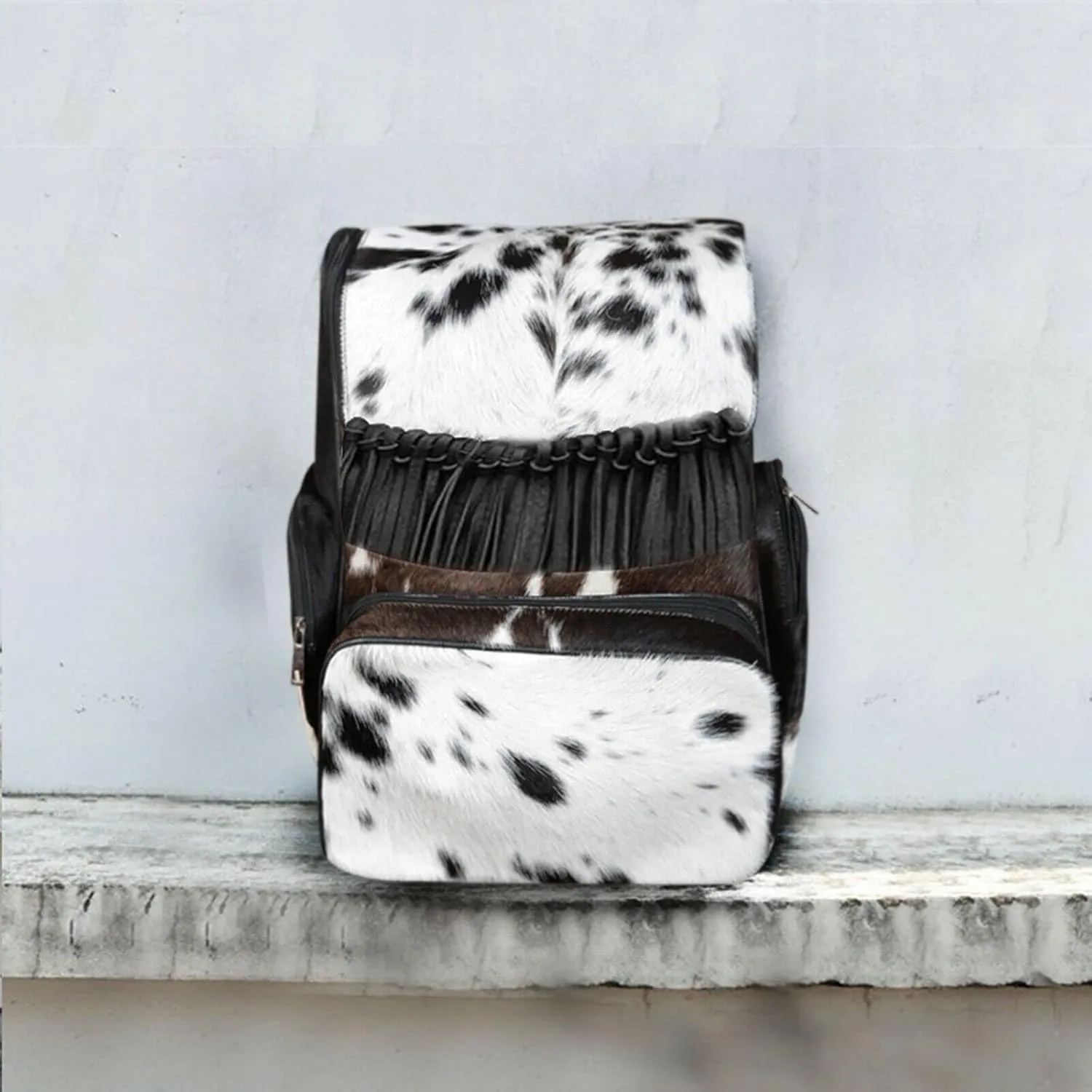 Cowhide Print Hair Diaper Bag Fringe Leather Backpack Rucksack/Knapsack Shoulder Travel Bag Black & White