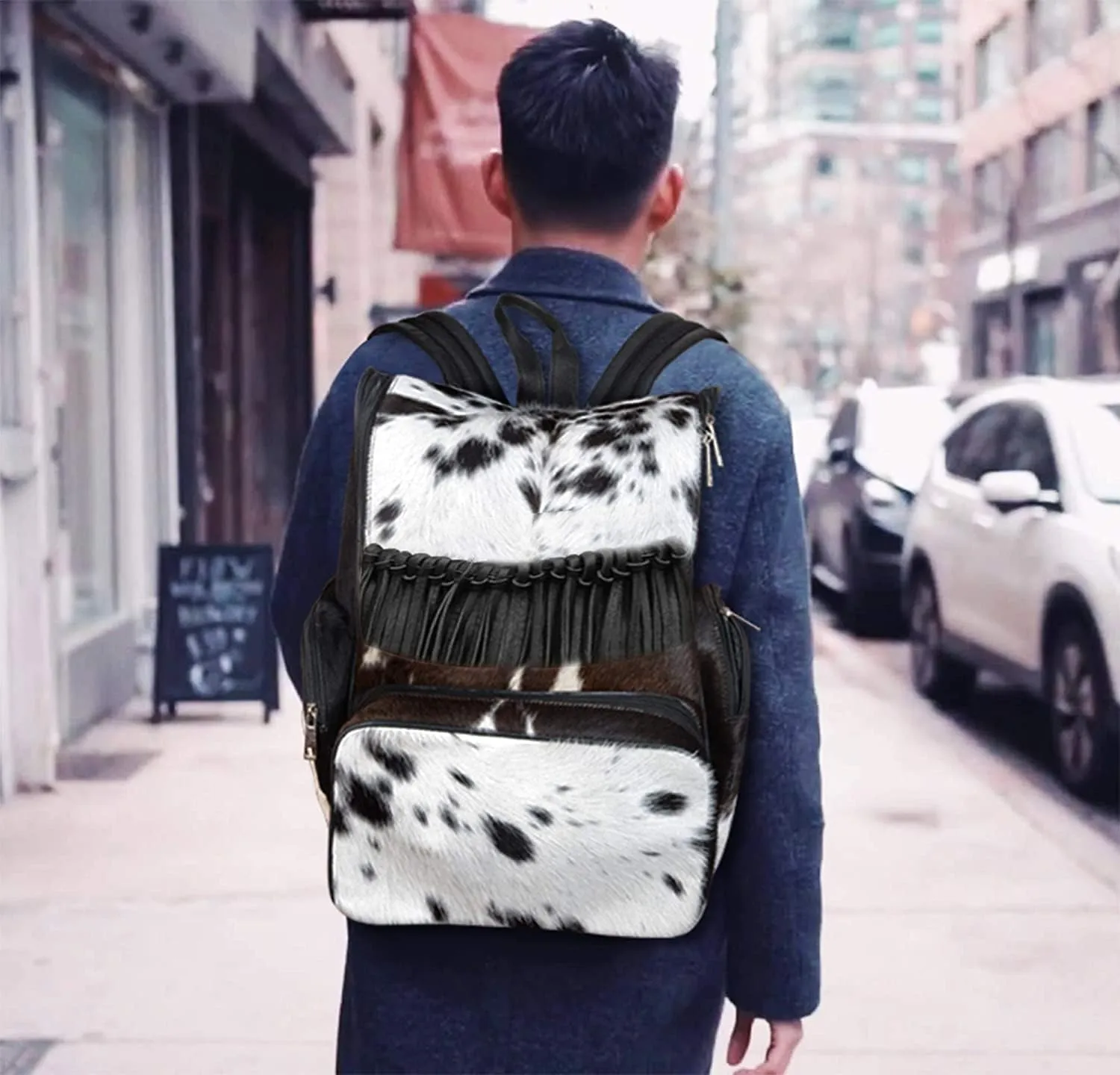 Cowhide Print Hair Diaper Bag Fringe Leather Backpack Rucksack/Knapsack Shoulder Travel Bag Black & White
