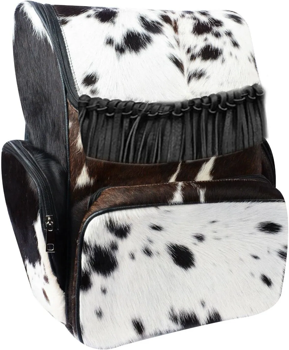 Cowhide Print Hair Diaper Bag Fringe Leather Backpack Rucksack/Knapsack Shoulder Travel Bag Black & White