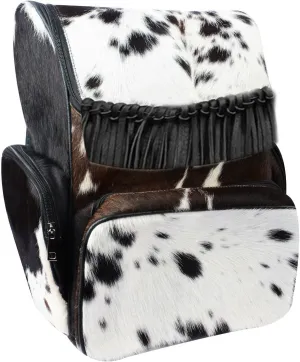 Cowhide Print Hair Diaper Bag Fringe Leather Backpack Rucksack/Knapsack Shoulder Travel Bag Black & White