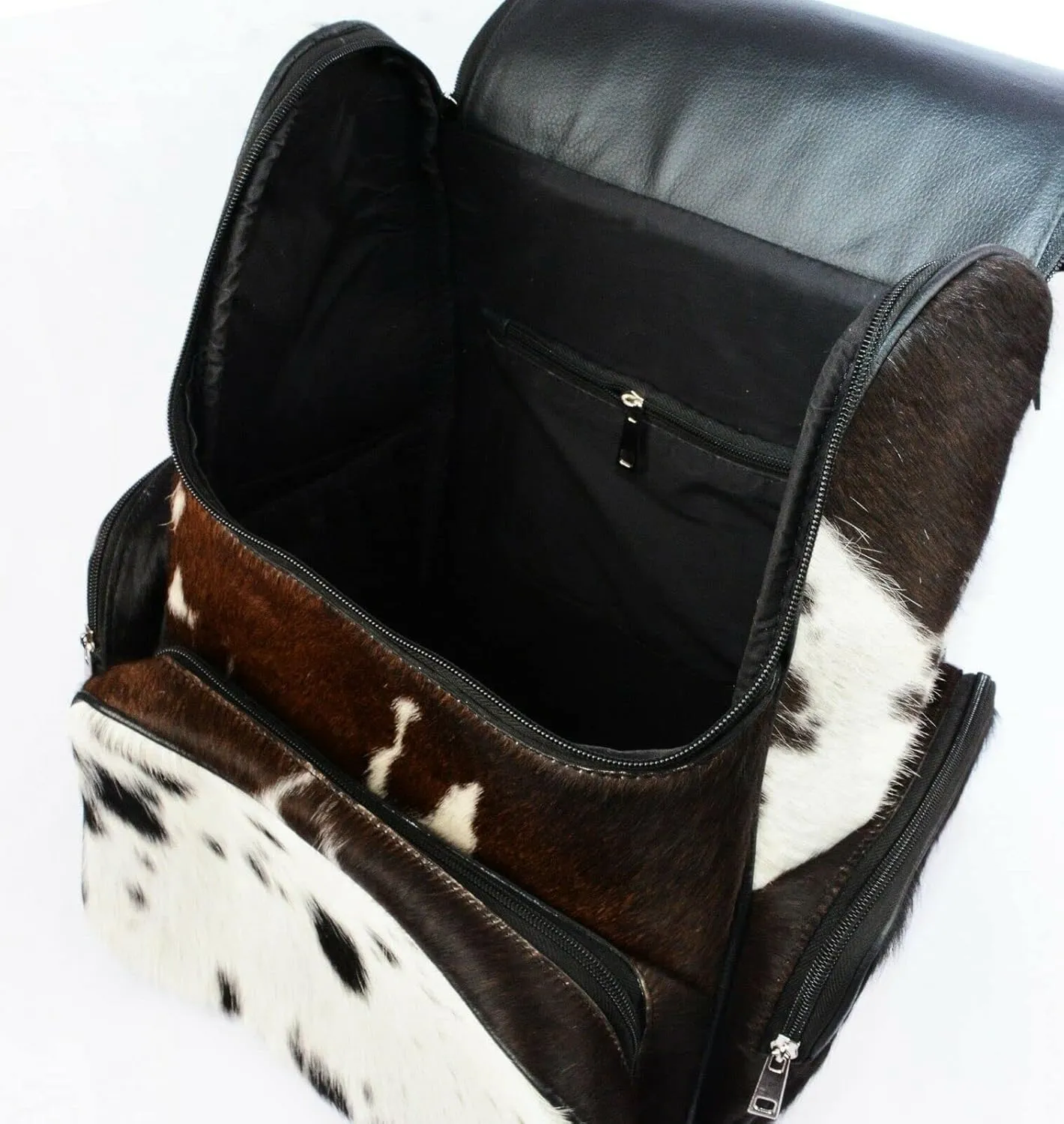 Cowhide Print Hair Diaper Bag Fringe Leather Backpack Rucksack/Knapsack Shoulder Travel Bag Black & White