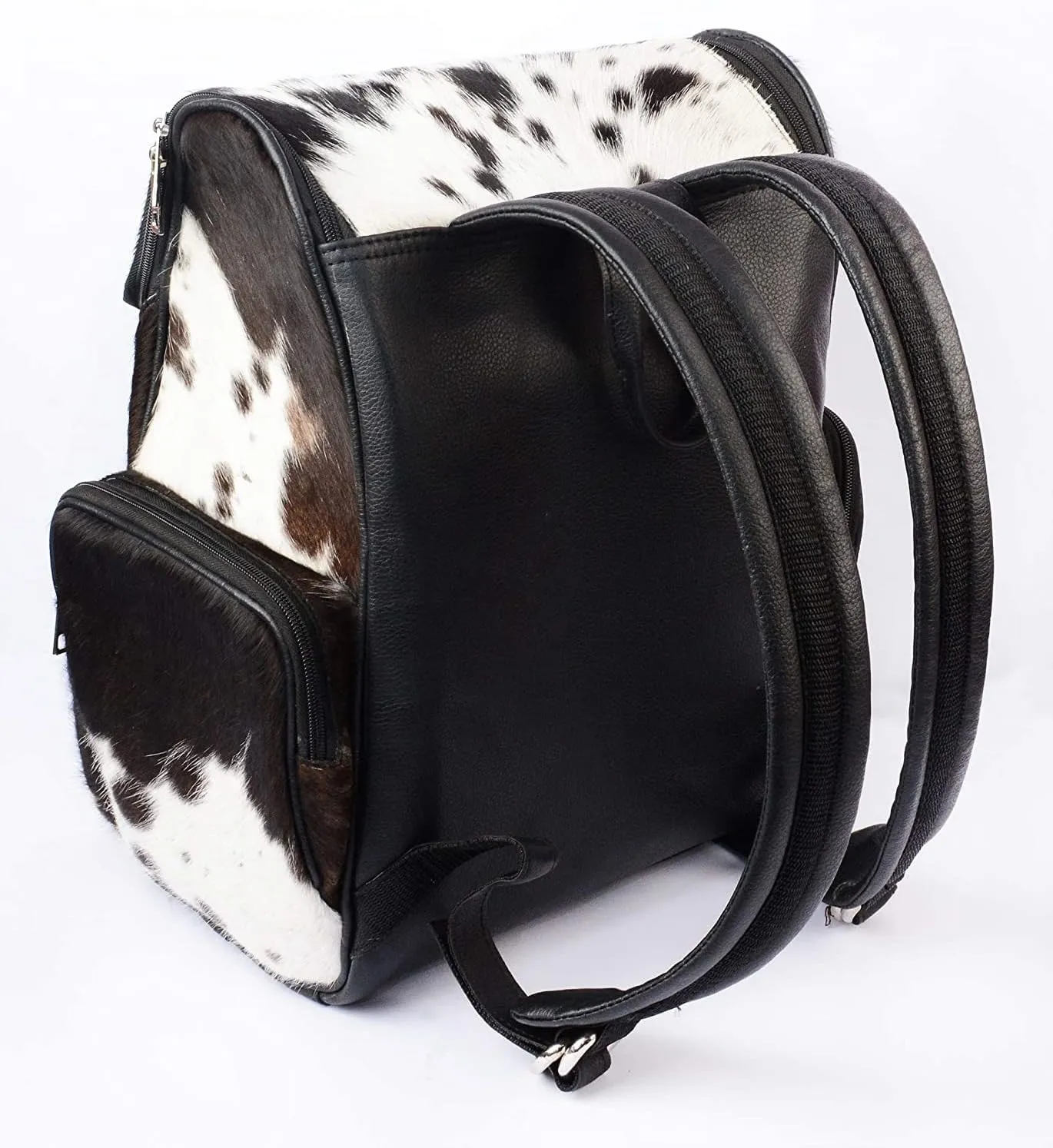 Cowhide Print Hair Diaper Bag Fringe Leather Backpack Rucksack/Knapsack Shoulder Travel Bag Black & White