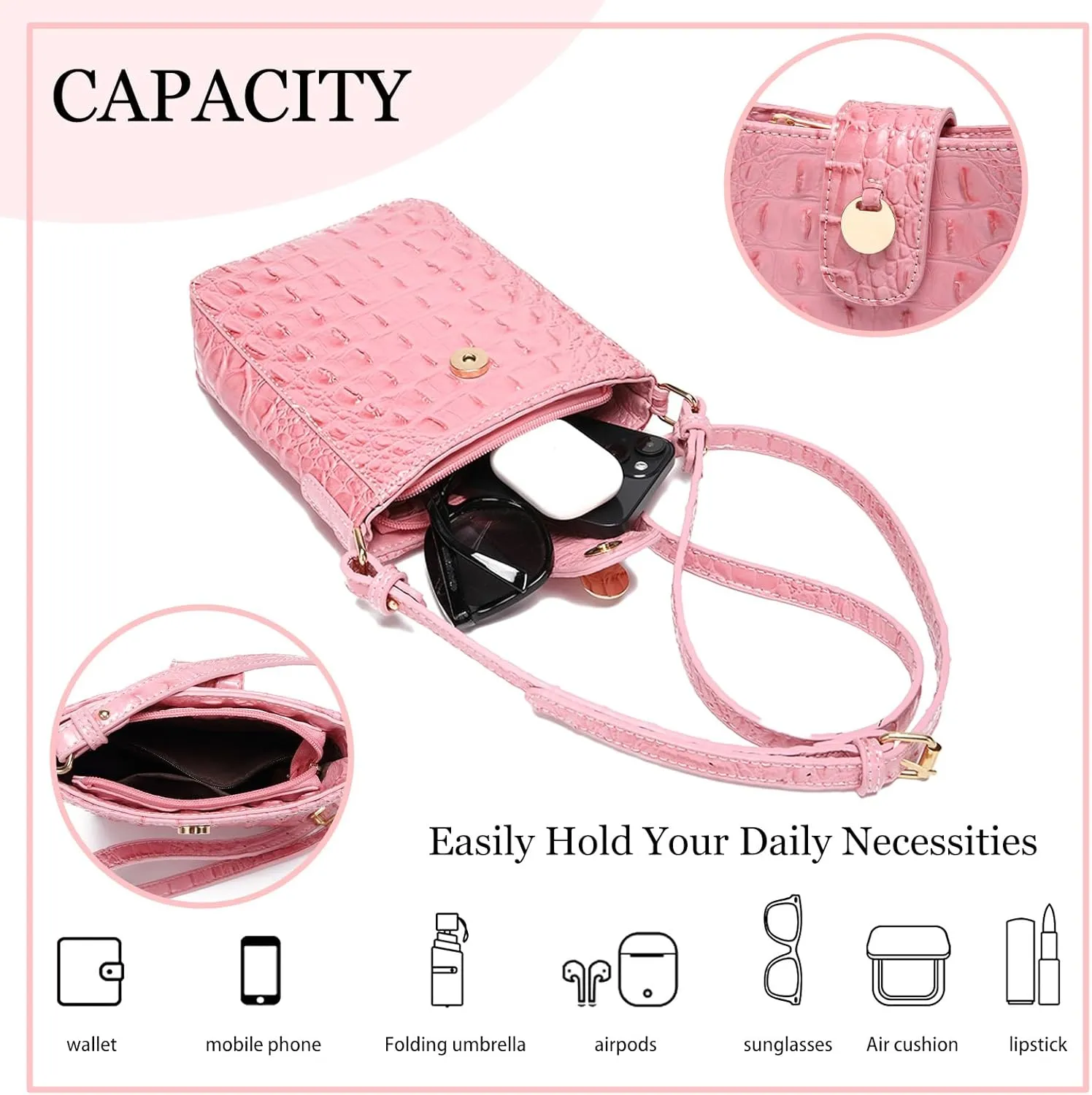 Crocodile Embossed Small Crossbody Bag Fashionable Magnetic Buckle Decoration Shoulder Women's Luxury Wallet