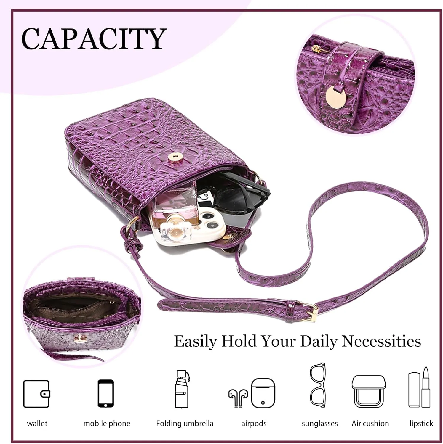 Crocodile Embossed Small Crossbody Bag Fashionable Magnetic Buckle Decoration Shoulder Women's Luxury Wallet