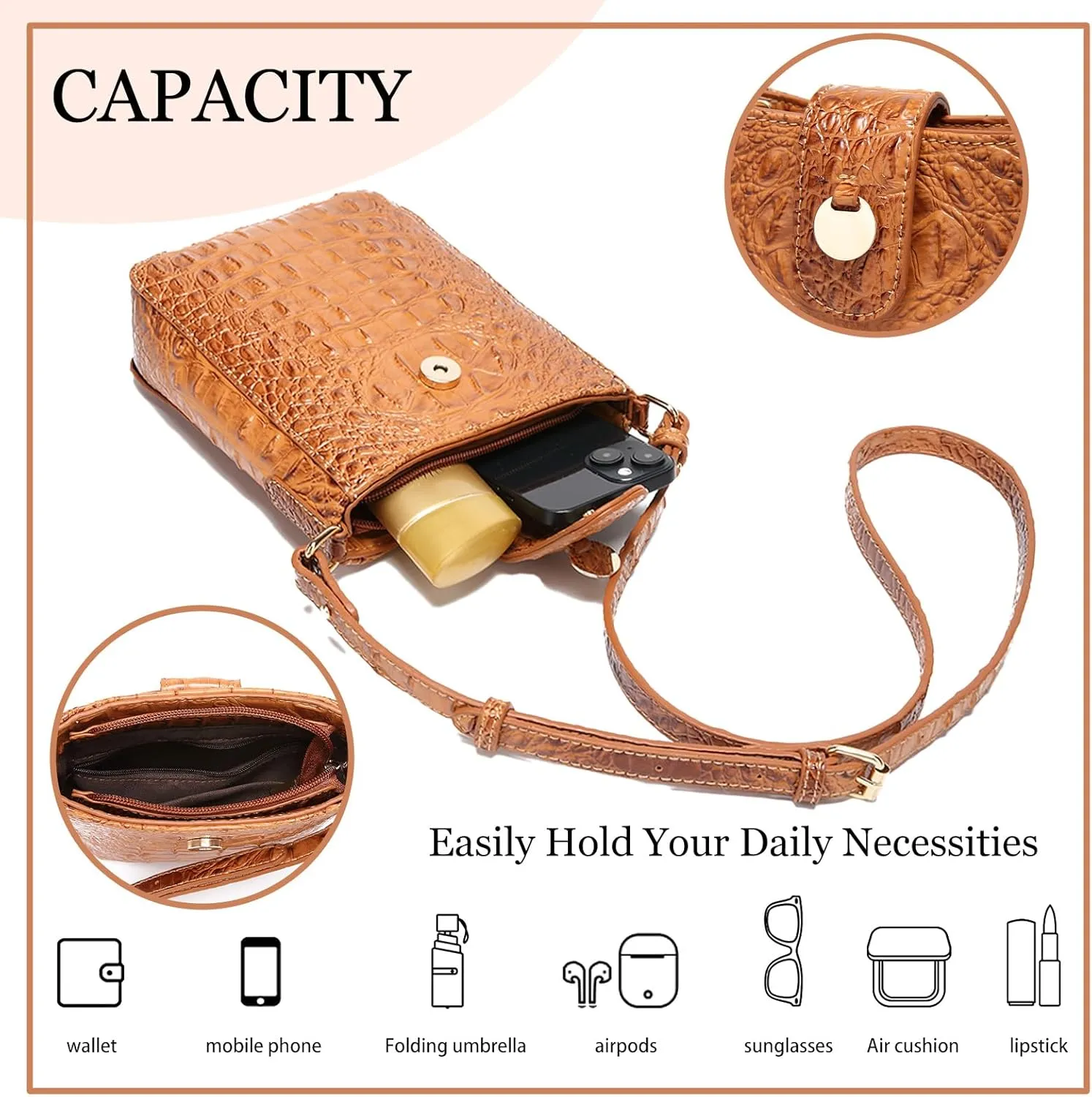 Crocodile Embossed Small Crossbody Bag Fashionable Magnetic Buckle Decoration Shoulder Women's Luxury Wallet