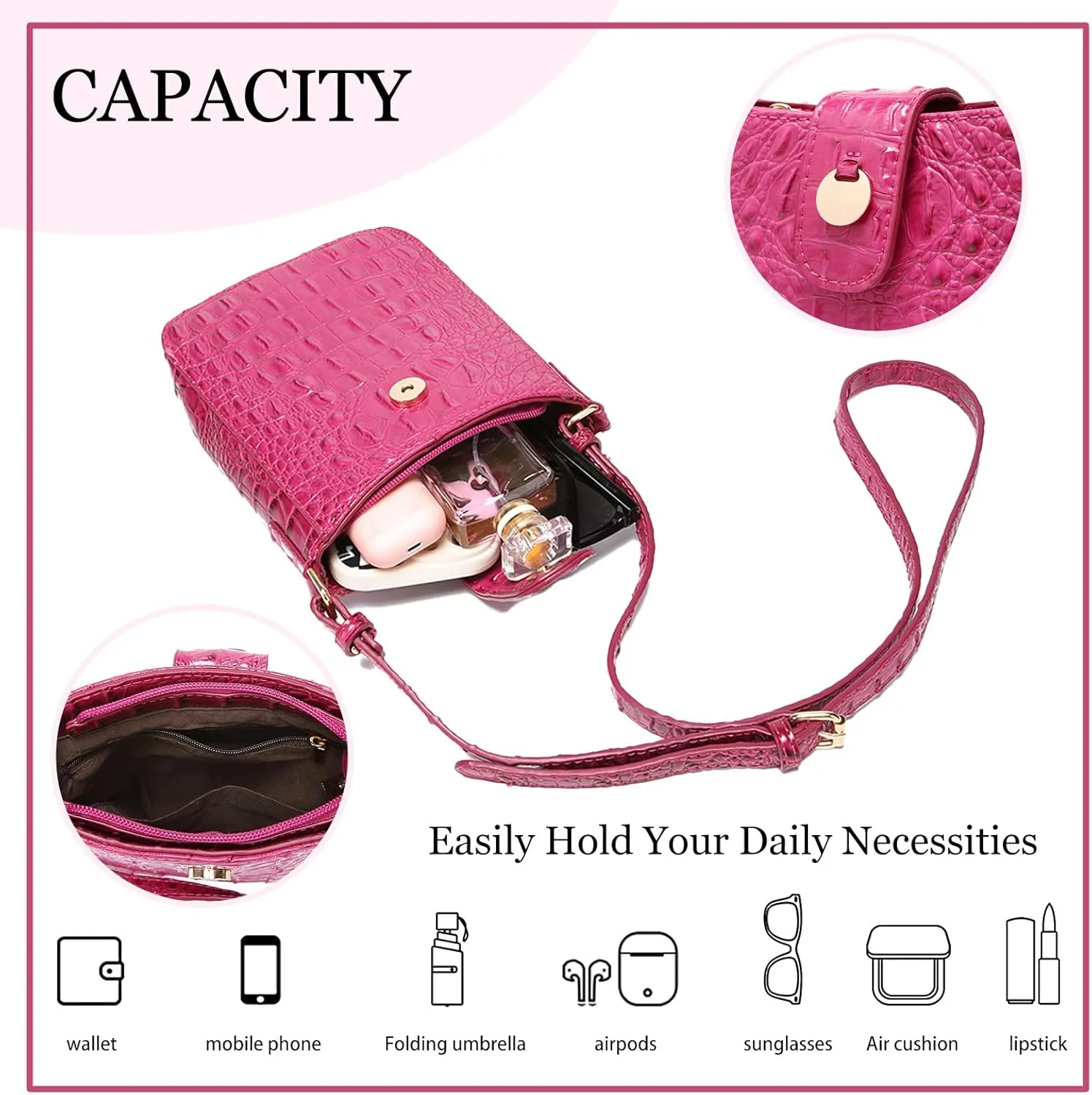 Crocodile Embossed Small Crossbody Bag Fashionable Magnetic Buckle Decoration Shoulder Women's Luxury Wallet