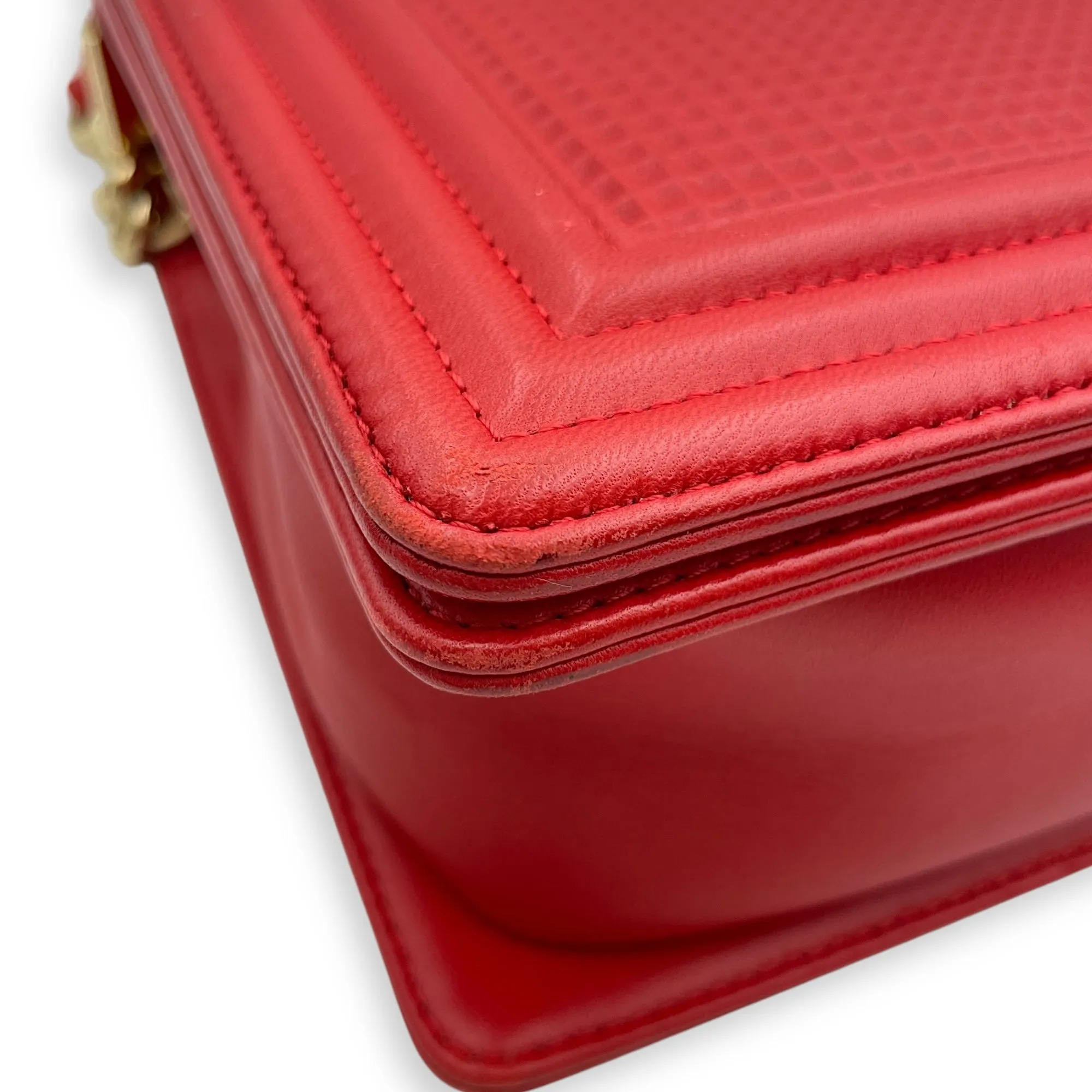 Cube Embossed Boy Medium (28cm) Red, Cream Crossbody Bag in Calfskin, Gold hardware