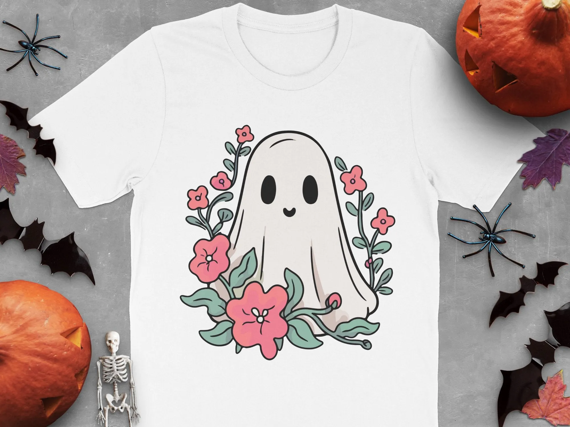 Cute Ghost With Flowers Halloween Spooky Season Print Ready DTF Transfers | SKU: HLW208