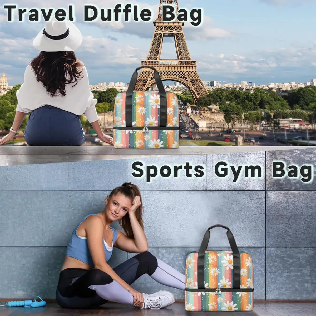 Daisy Rainbow Travel Duffel Bag Dry Wet Separated Sports Tote Travel Duffle Bag Gym Workout Bag Women Travel Duffel Bag for Women, Travel, Gym, Work