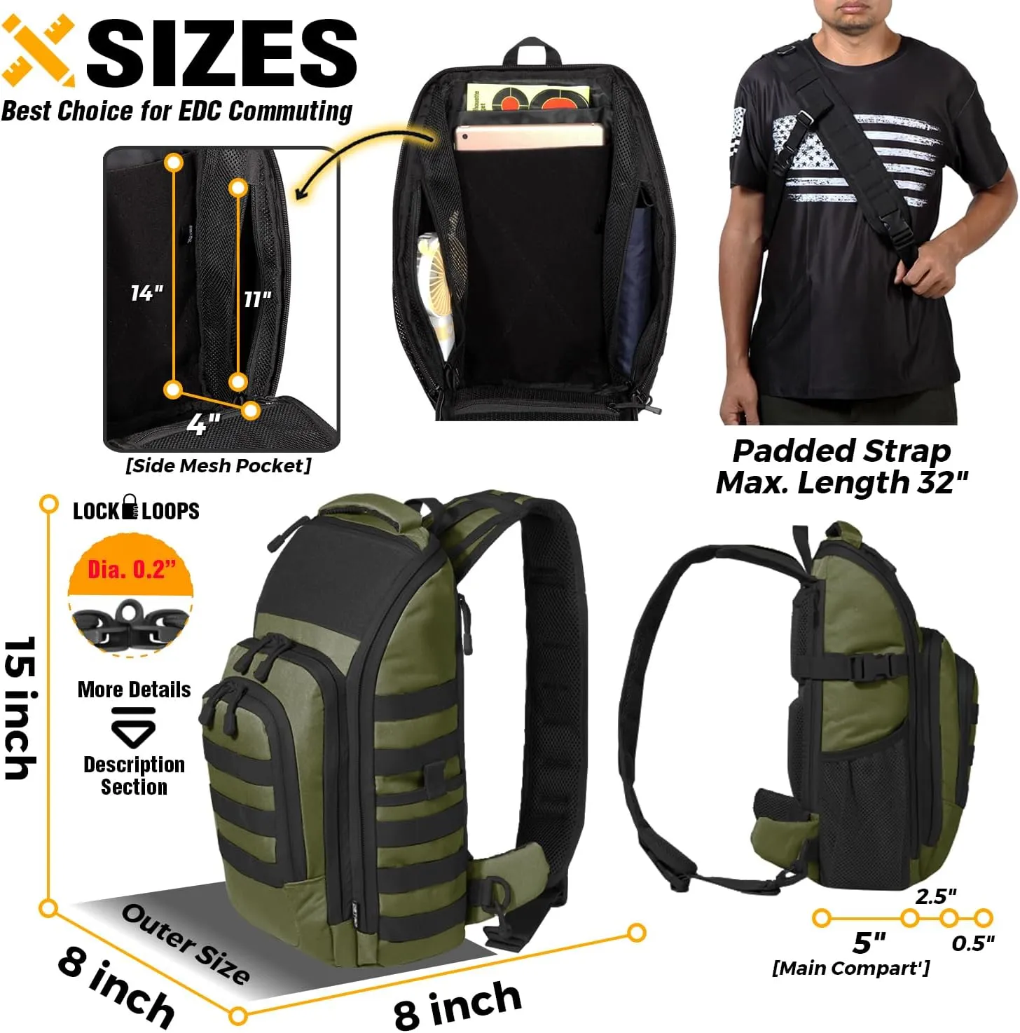 DBTAC Tactical Personal Defense EDC Bags & Packs | 10L Military Shoulder Backpack with Sling for Concealed Carry, Range, Travel, Hiking, Outdoor Sports (OD Green)