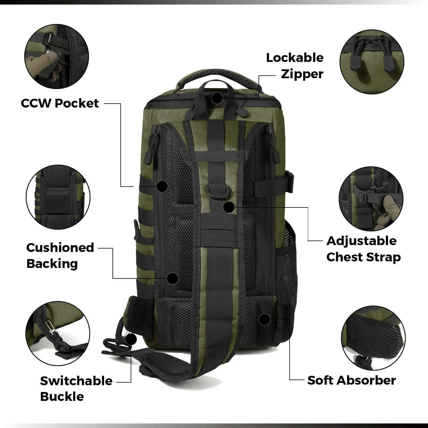 DBTAC Tactical Personal Defense EDC Bags & Packs | 10L Military Shoulder Backpack with Sling for Concealed Carry, Range, Travel, Hiking, Outdoor Sports (OD Green)