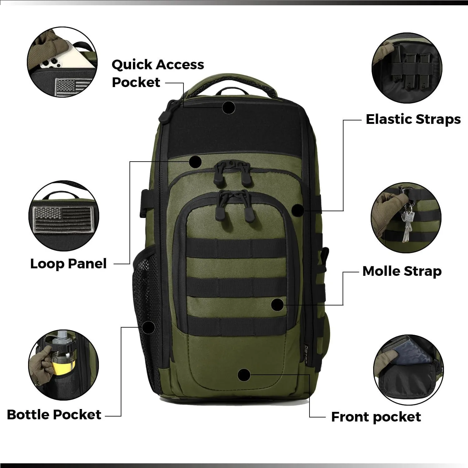 DBTAC Tactical Personal Defense EDC Bags & Packs | 10L Military Shoulder Backpack with Sling for Concealed Carry, Range, Travel, Hiking, Outdoor Sports (OD Green)