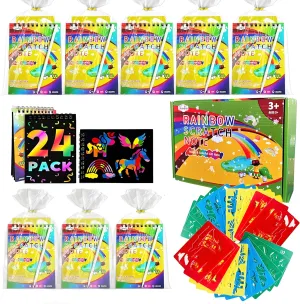 Decojoy Party Favors for Kids 4-8, Scratch Art Birthday Return Gifts, Bulk Rainbow Scratch Paper Notebook 24 Sets Supplies, Cool Craft Kit Goodie Bags Stuffers for Girls Boys School Classroom