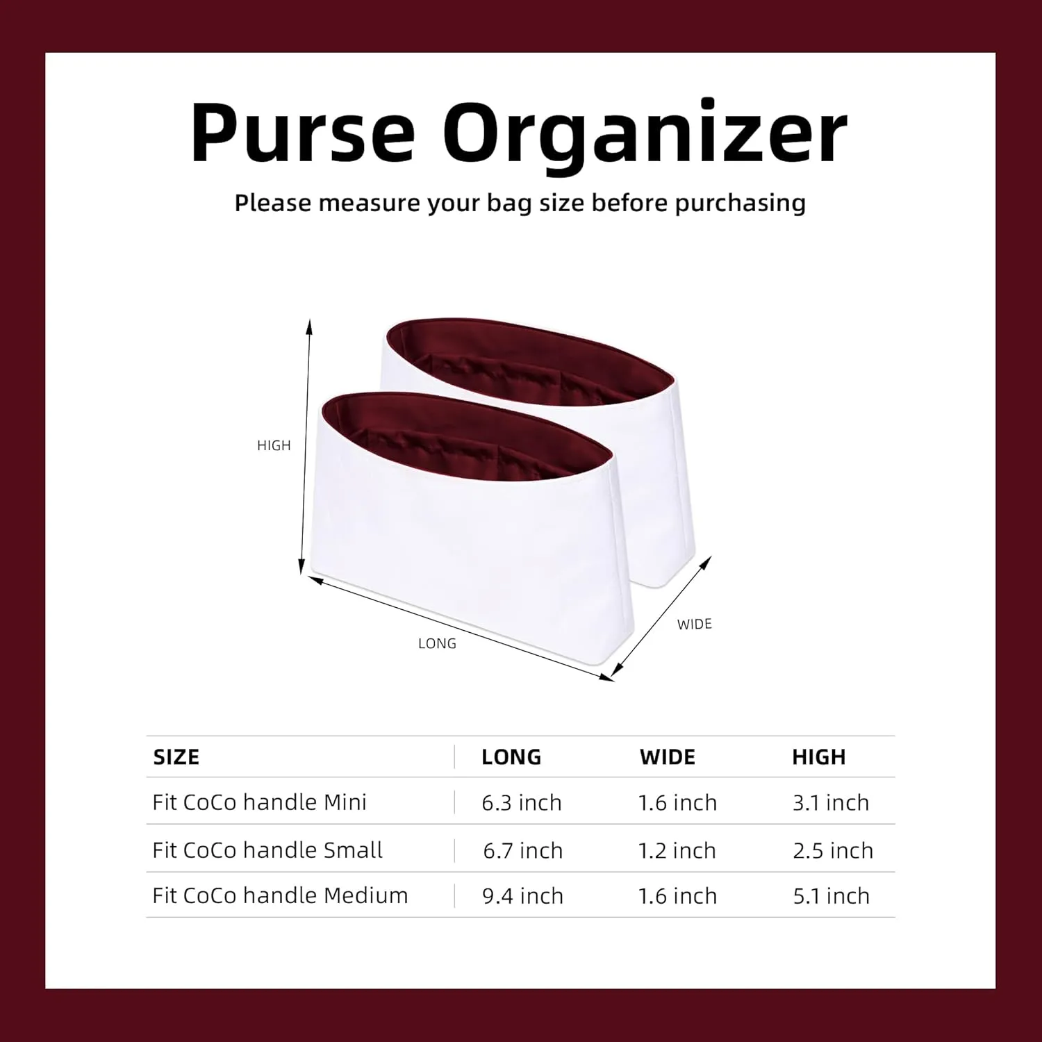 DGAZ Lightweight Purse Organizer Insert for Chanel CoCo handle Bag,silk and DupontPaper handbag inner for Luxury Bags(Rouge Cassque,CoCo handle Small)