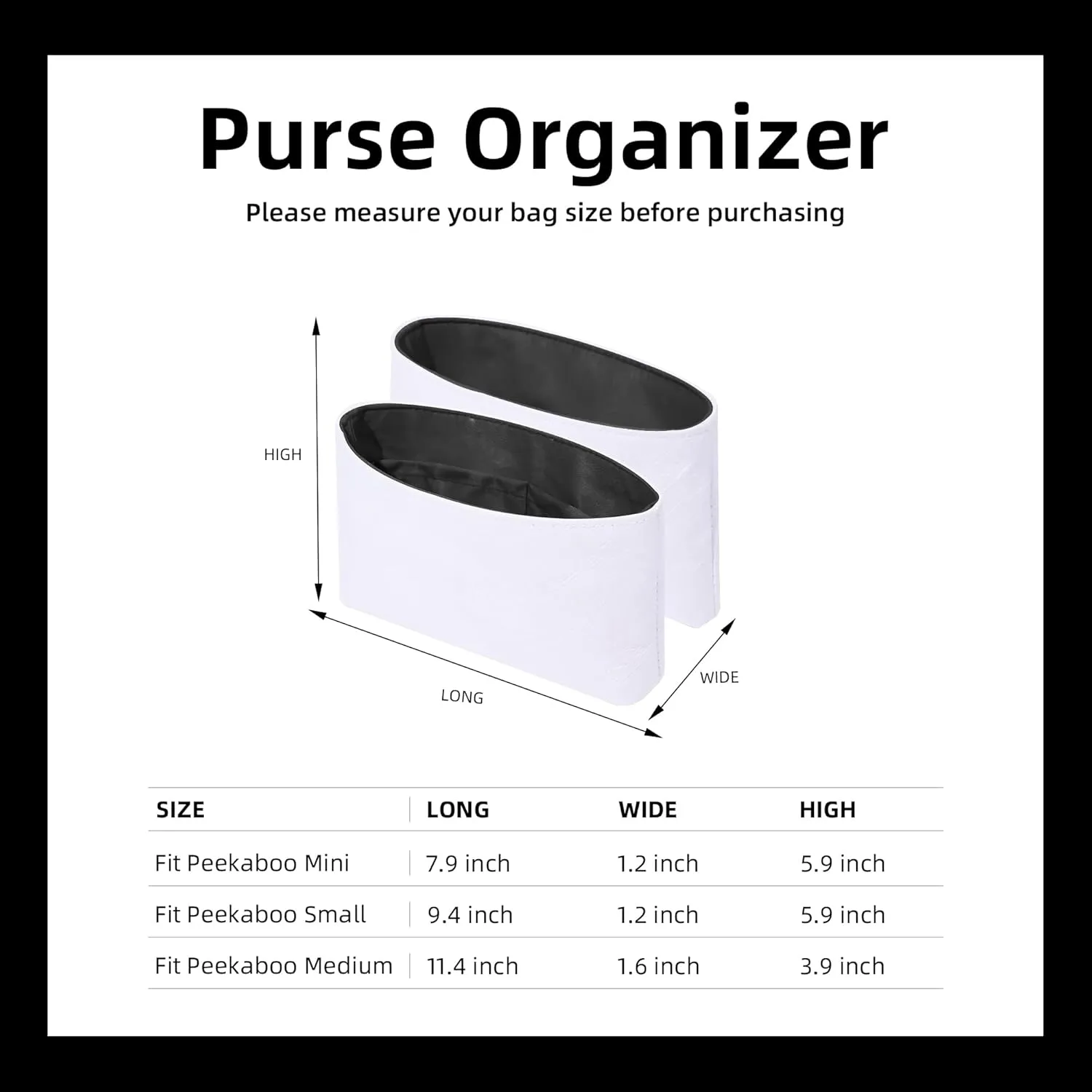 DGAZ Lightweight Purse Organizer Insert for Fendi Peekaboo Bag,silk and DupontPaper handbag inner for Luxury Bags(Black,Peekaboo M)