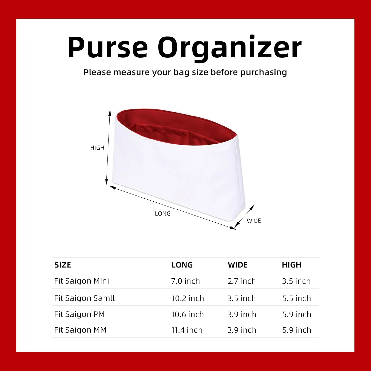 DGAZ Lightweight Purse Organizer Insert for Goyard Saigon Bag,silk and DupontPaper handbag inner for Luxury Bags(Rouge Cassque,Saigon Mini)