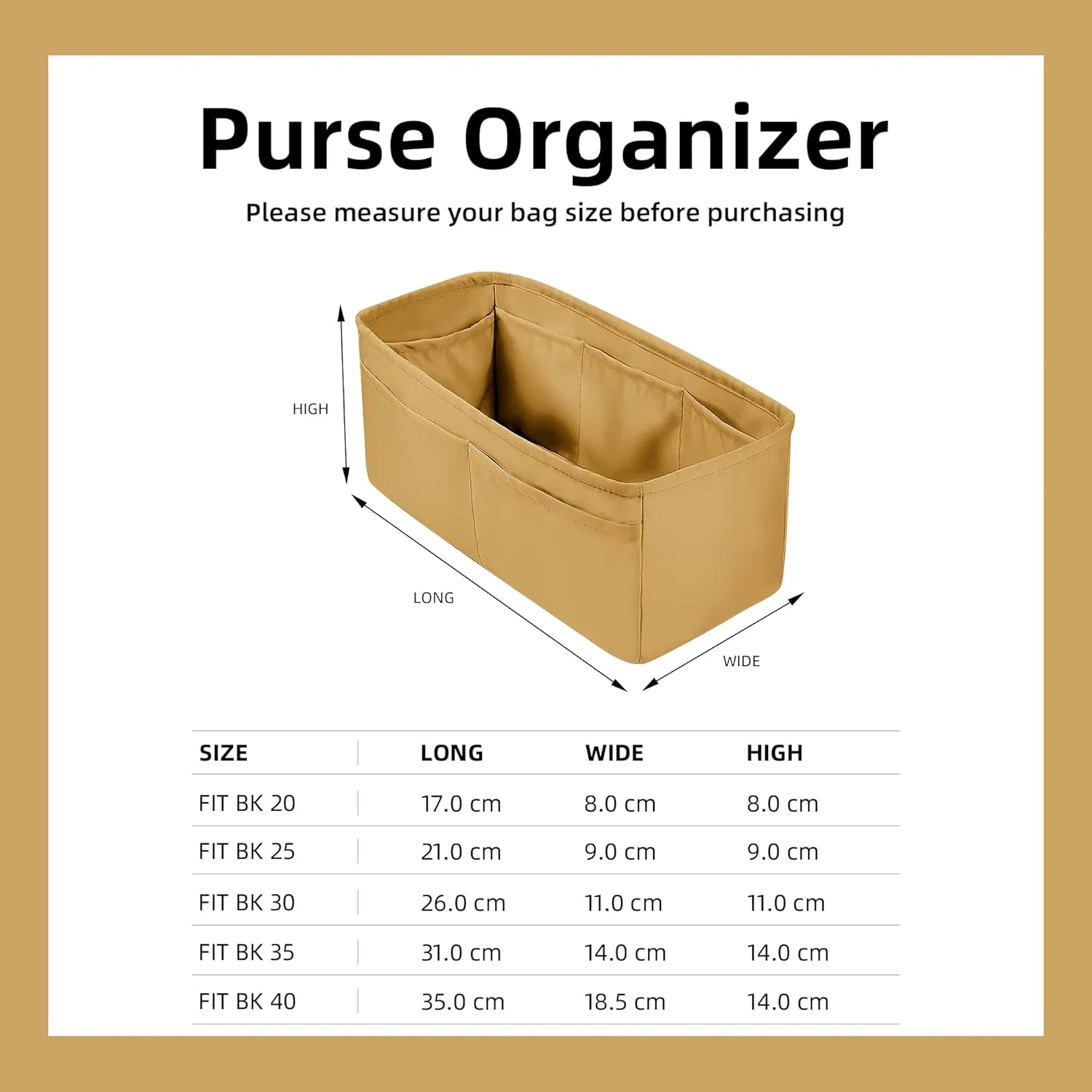 DGAZ Purse Organizer Silky Smooth Fits Birkin 20/25/30/35/40/45/50 Bags,Silk,Luxury Handbag Tote in Bag Shapers, Women(Biscuit color,BK20)