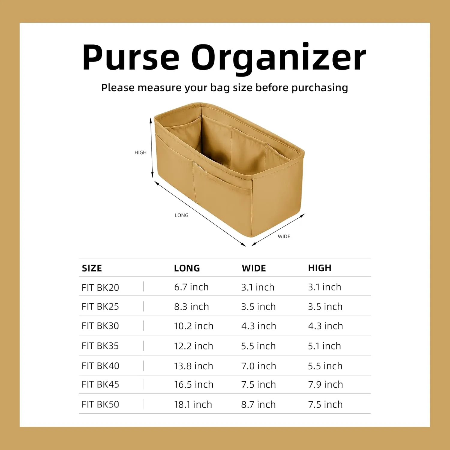 DGAZ Purse Organizer Silky Smooth Fits Birkin 20/25/30/35/40/45/50 Bags,Silk,Luxury Handbag Tote in Bag Shapers, Women(Biscuit color,BK20)
