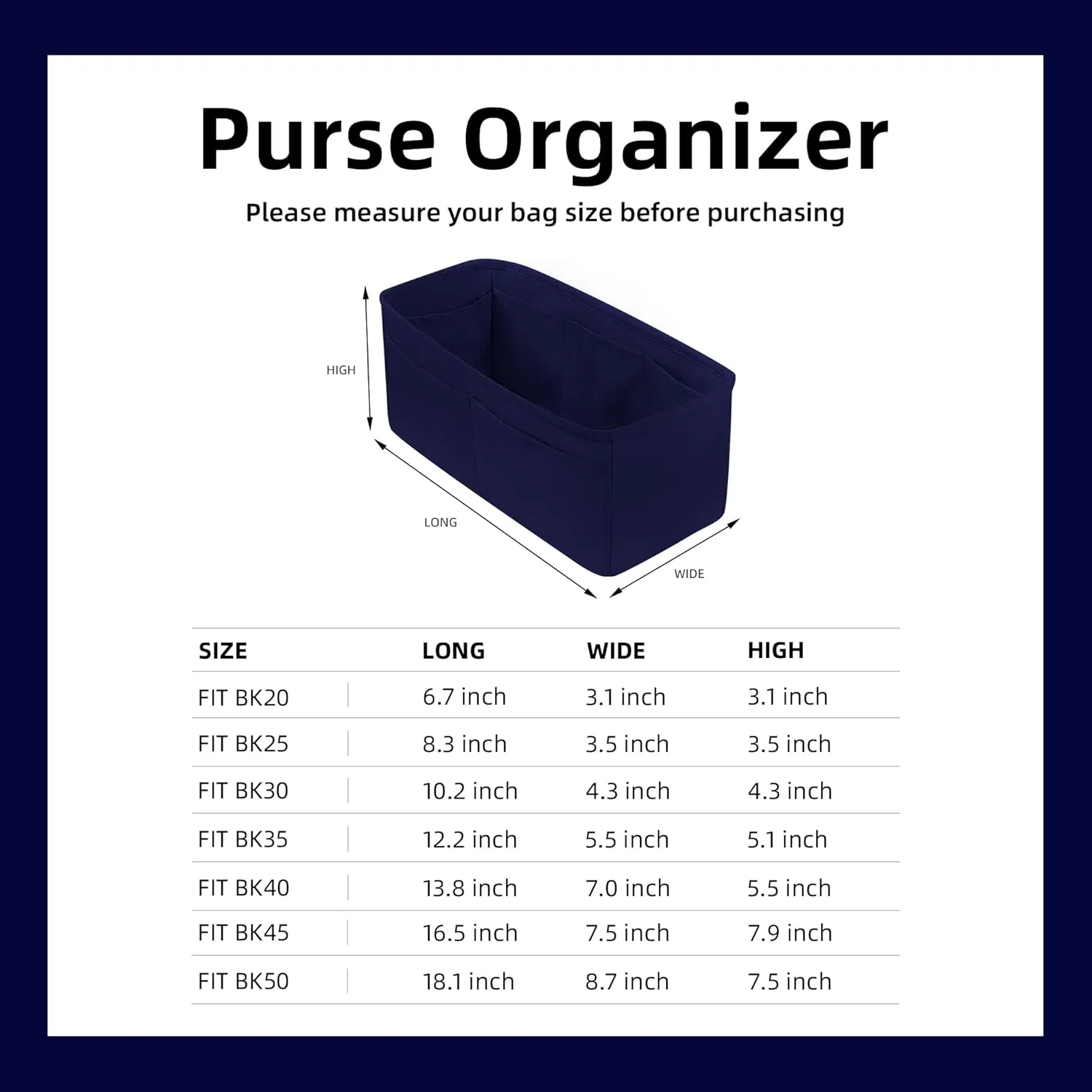 DGAZ Purse Organizer Silky Smooth Fits Birkin 20/25/30/35/40/45/50 Bags,Silk,Luxury Handbag Tote in Bag Shapers, Women(Blue nuit,BK30)