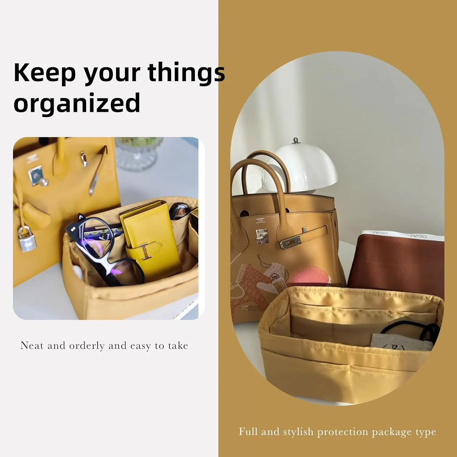DGAZ Purse Organizer Silky Smooth Fits Birkin 25/30/35/40 Bags,Silk,Luxury Handbag Tote in Bag Shapers, Women(Biscuit color,BK25)