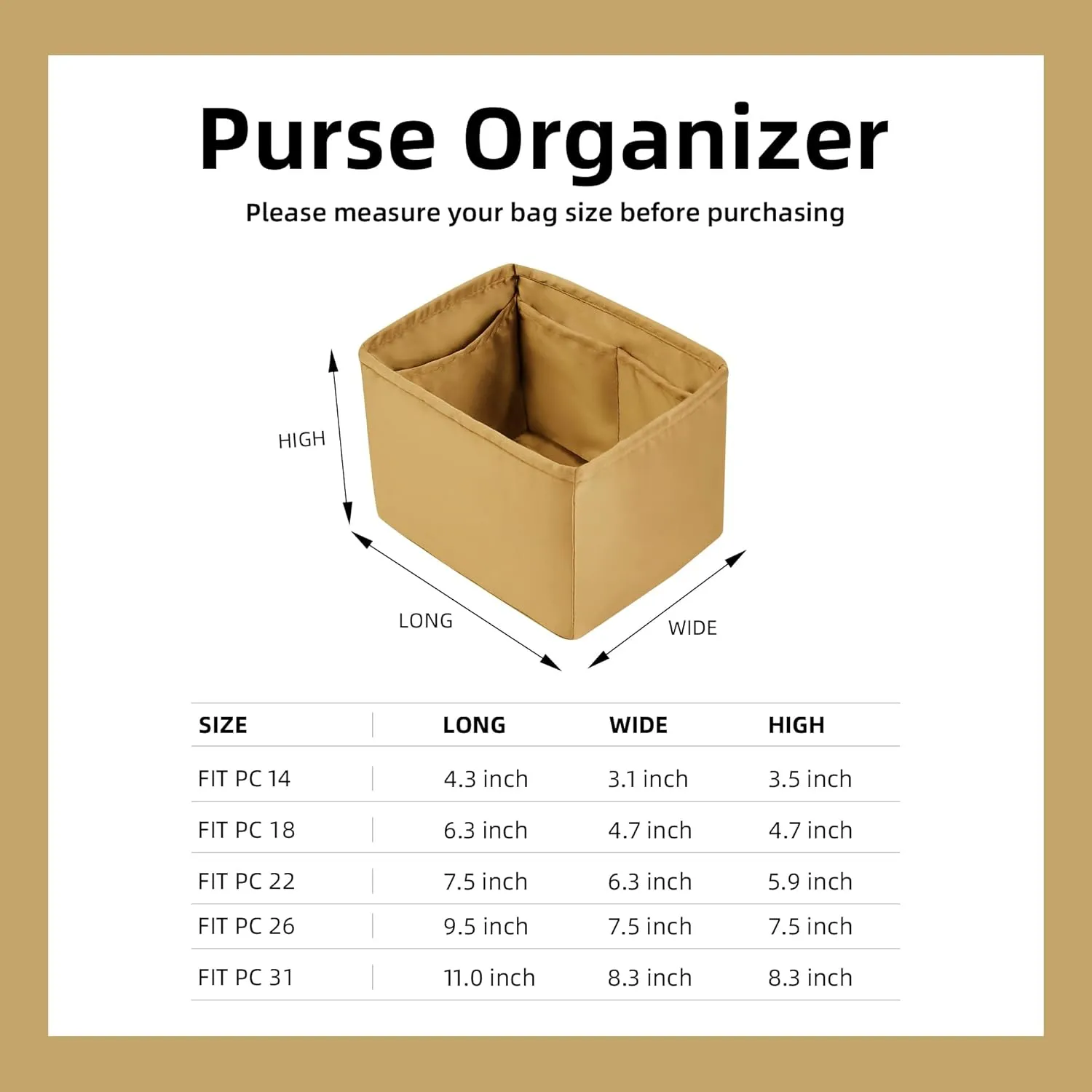 DGAZ Purse Organizer Silky Smooth For Picotin 14/18/22/26/31 Bags,Silk,Luxury Handbag Tote in Bag Shapers, Women(Biscuit color,P14)