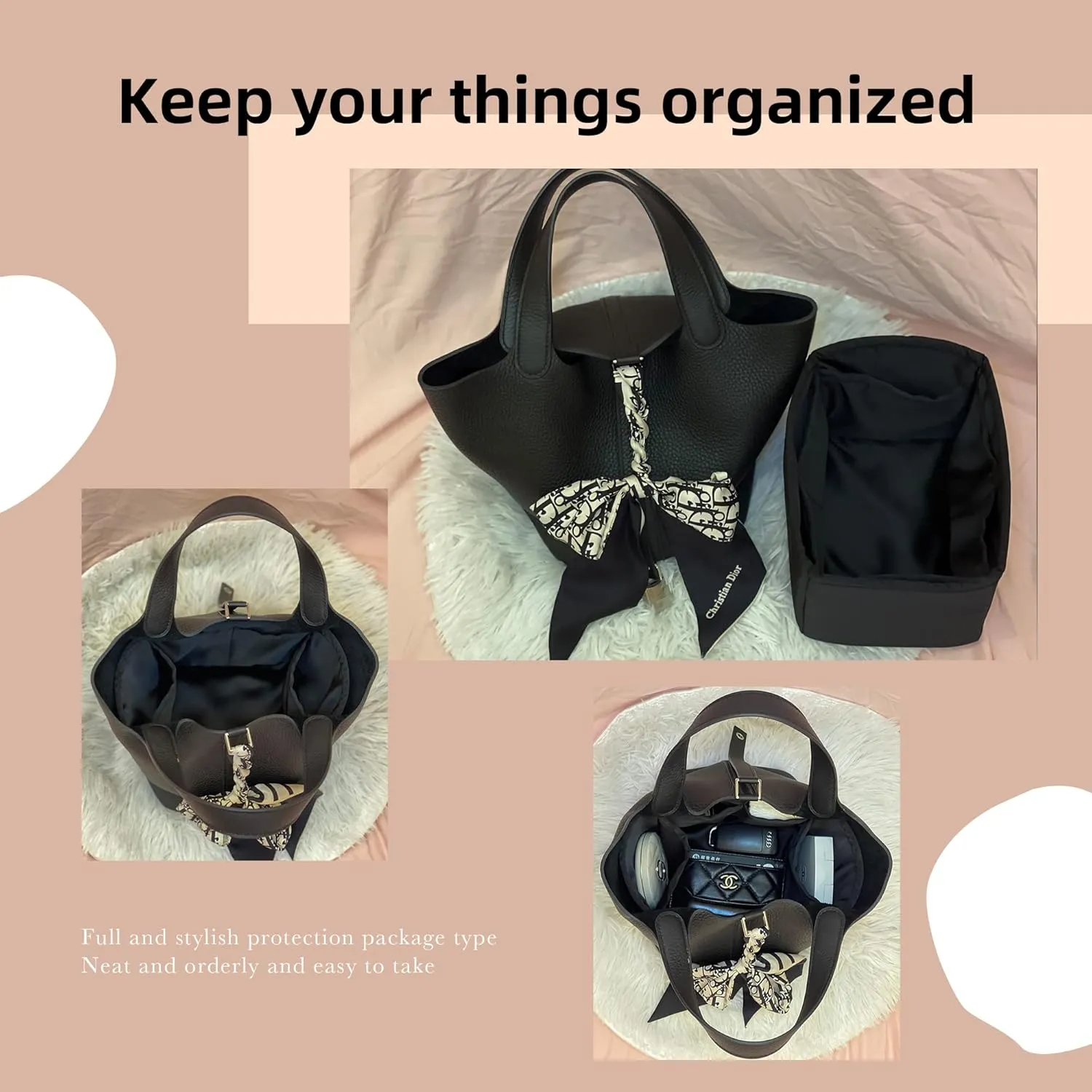 DGAZ Purse Organizer Silky Smooth,Silk,Luxury Handbag Tote in Bag Shapers, Women- Fits picotin18/22Bags (Black, PC22)