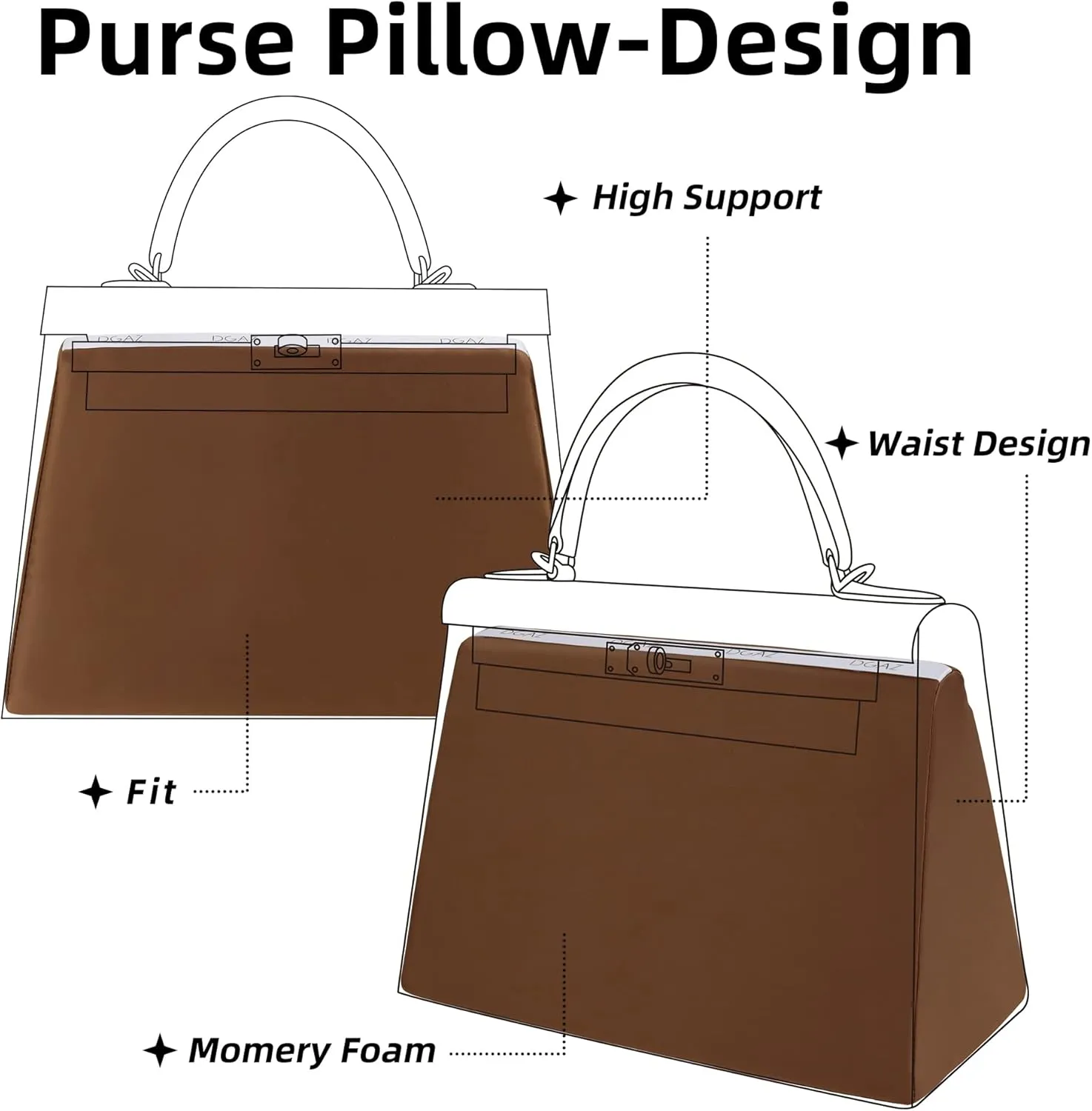 DGAZ Purse Pillow Shaper Insert for Hermes Kelly Bags, Silky Pillow Shaper for Luxury Handbags(Gold,KL25 Retourne)